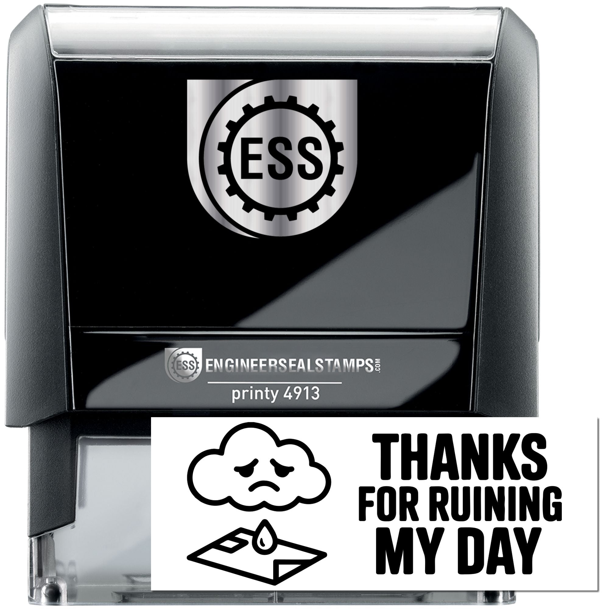 Black and silver self-inking ESS engineer seal stamp, Printy 4913, with gear logo and sample thank-you stamp design.