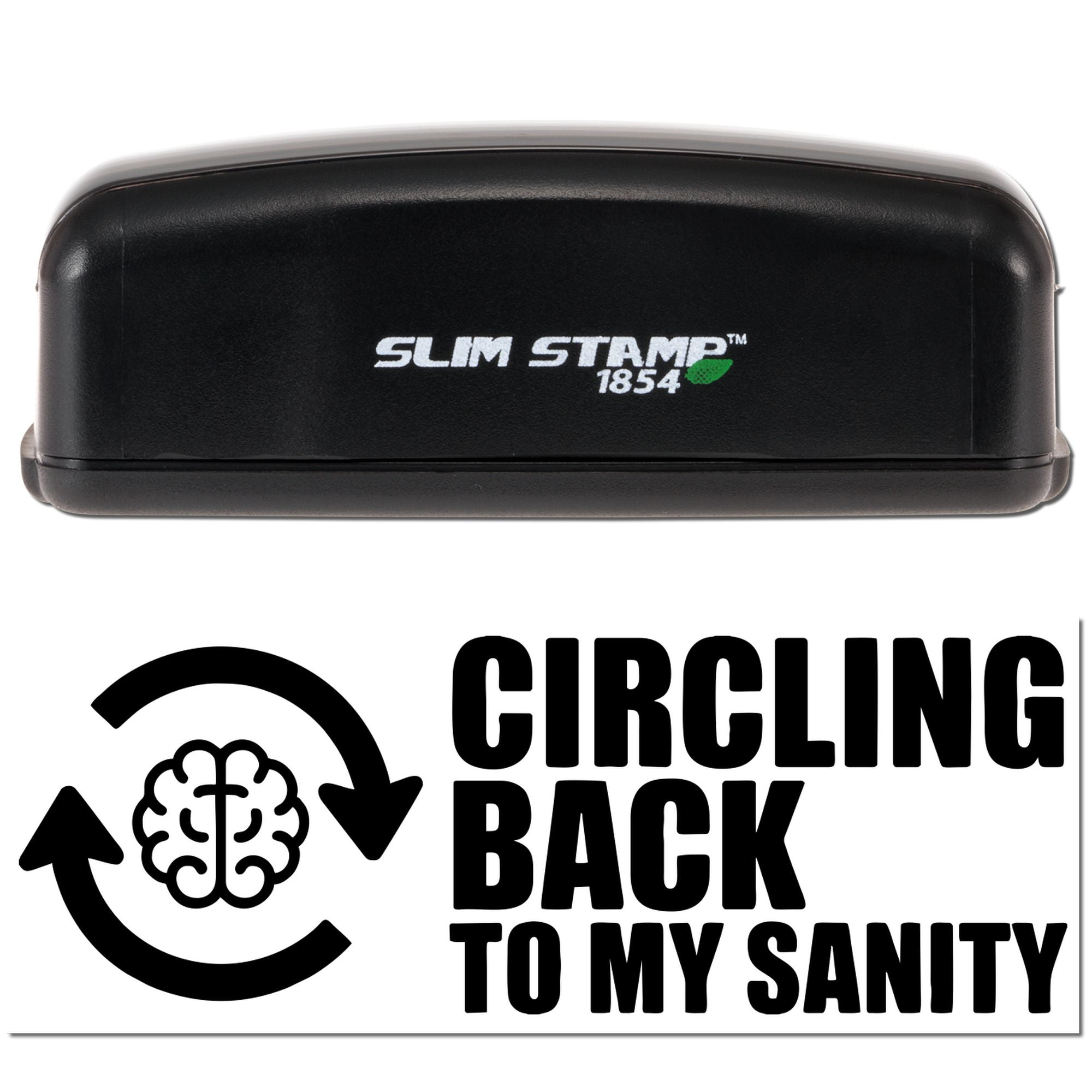 Black Slim Stamp 1854 stamp and seal on white, with green leaf logo and Circling Back to My Sanity recycle-brain design.