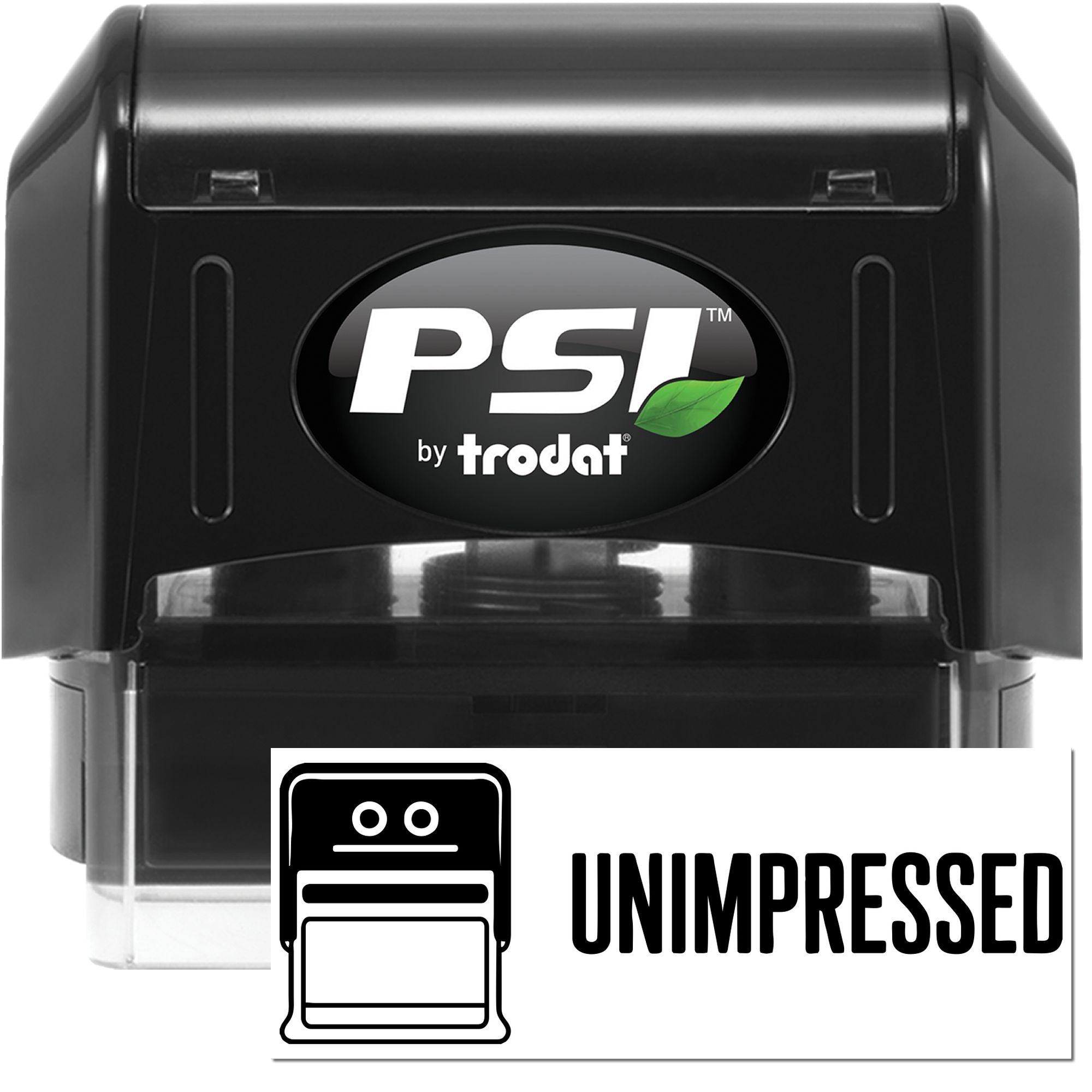 Black PSI by Trodat self-inking stamp and seal with green leaf logo and Unimpressed label.
