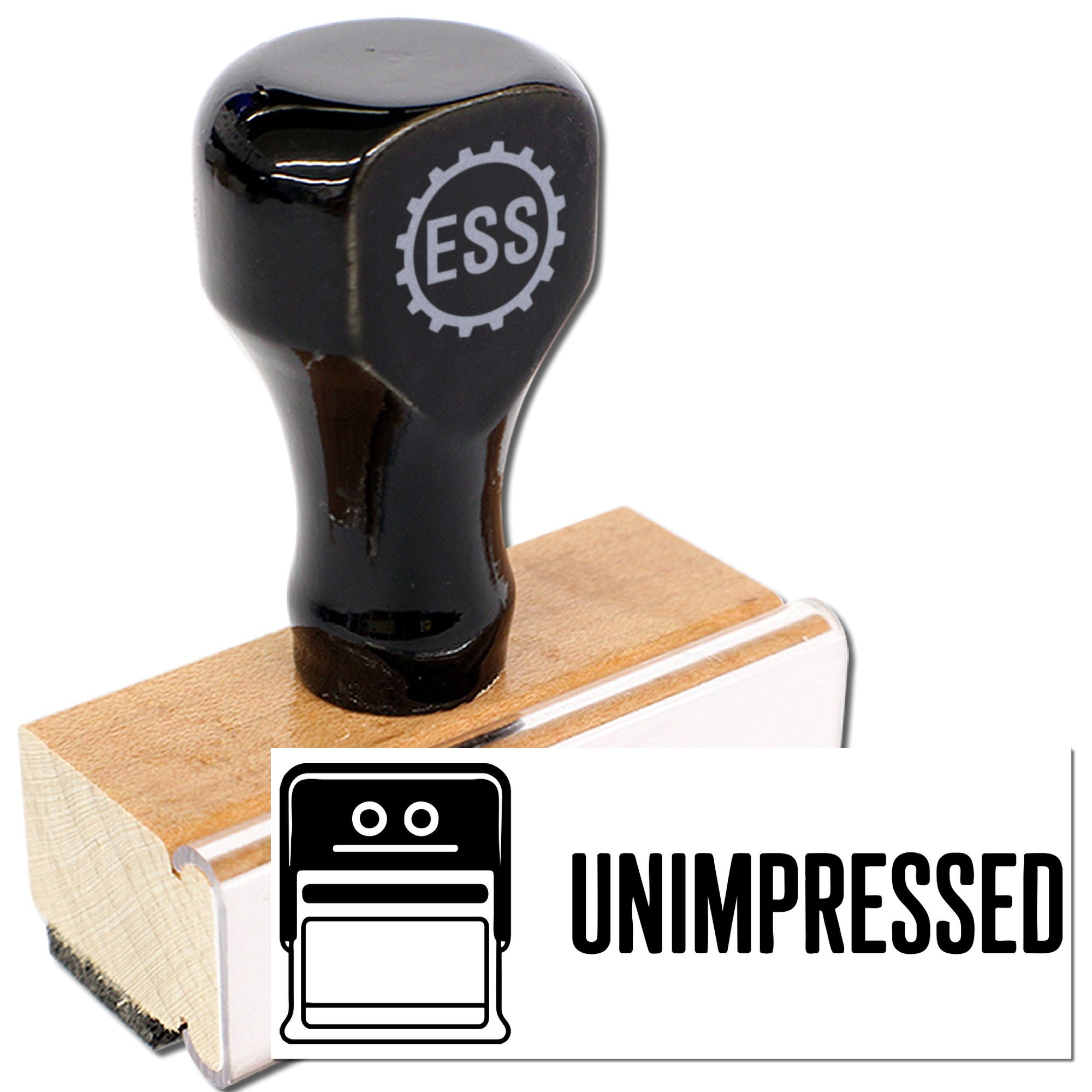 Black rubber stamp with wooden seal base, white ESS logo, and UNIMPRESSED label.