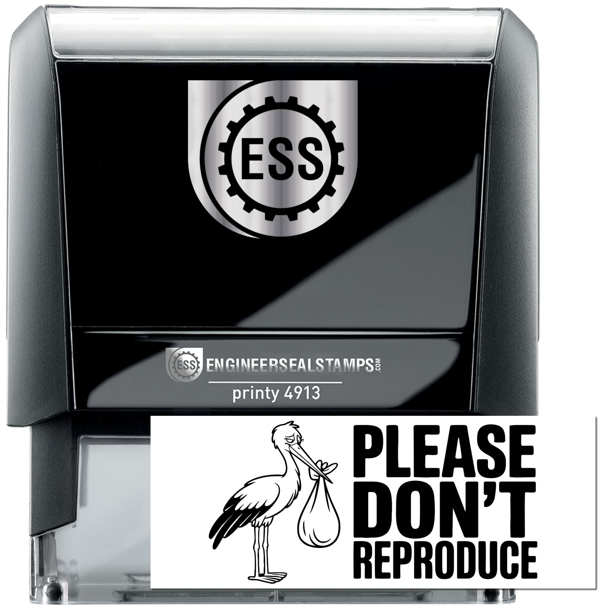 Black self-inking ESS stamp and seal with silver logo and PLEASE DONT REPRODUCE warning.