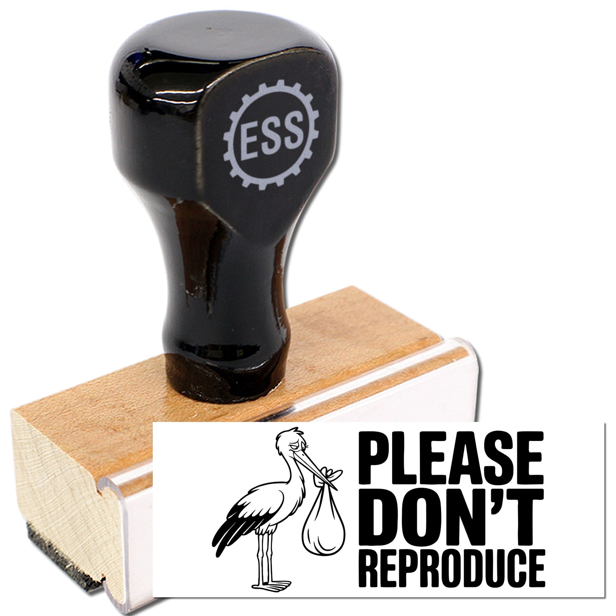 Black rubber stamp and seal on a wood base with white Please Dont Reproduce text and stork graphic