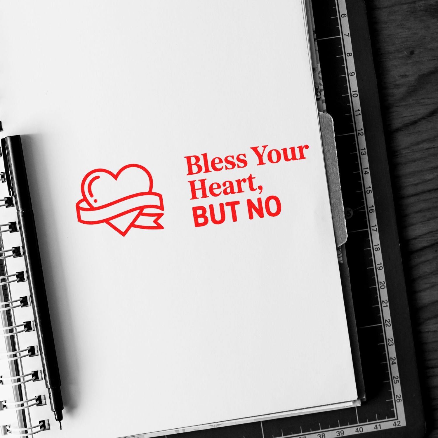 Red stamp-and-seal design with heart ribbon icon and bold red text, Bless Your Heart, BUT NO, on white.