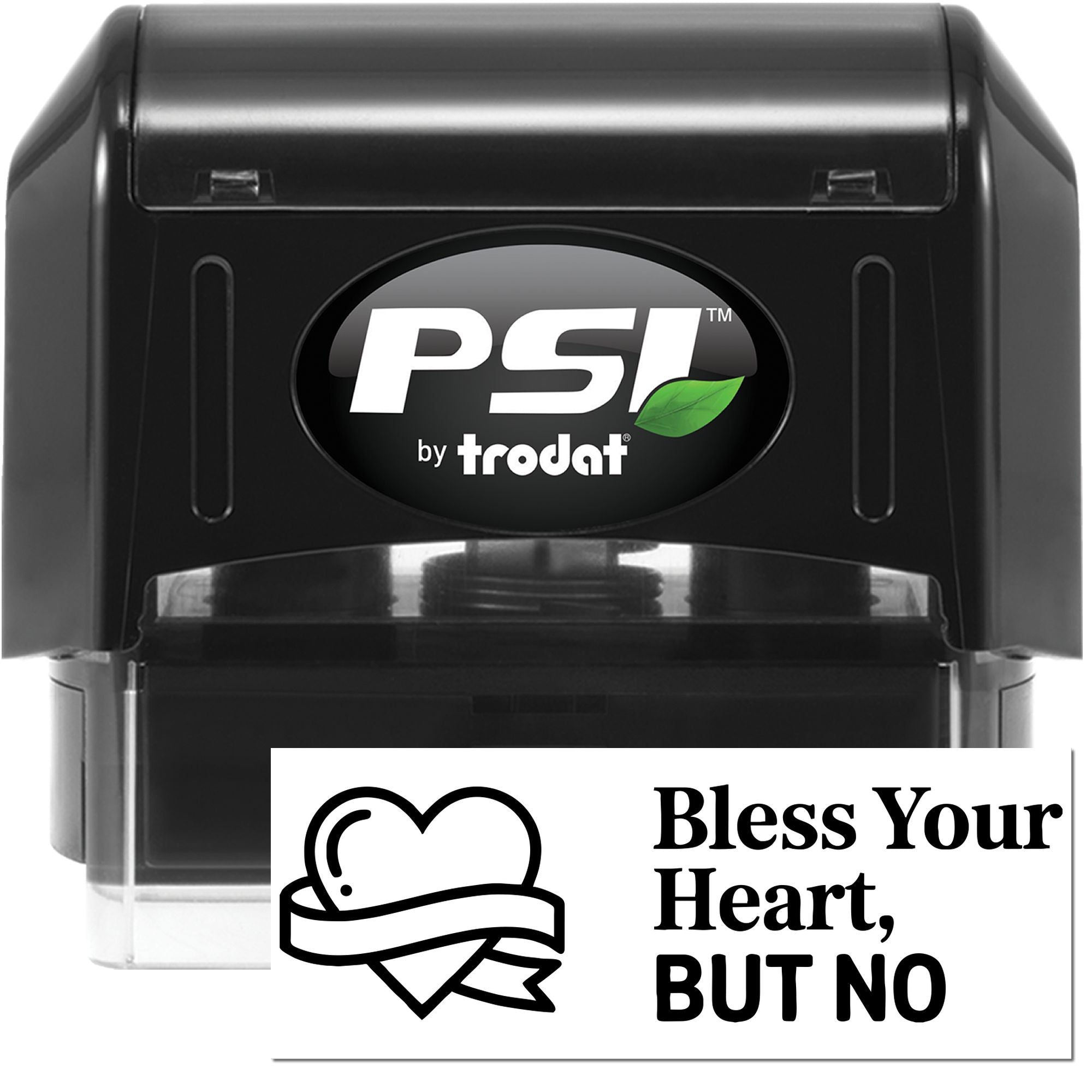 Black PSI by Trodat self-inking stamp and seal with Bless Your Heart, BUT NO text and heart icon