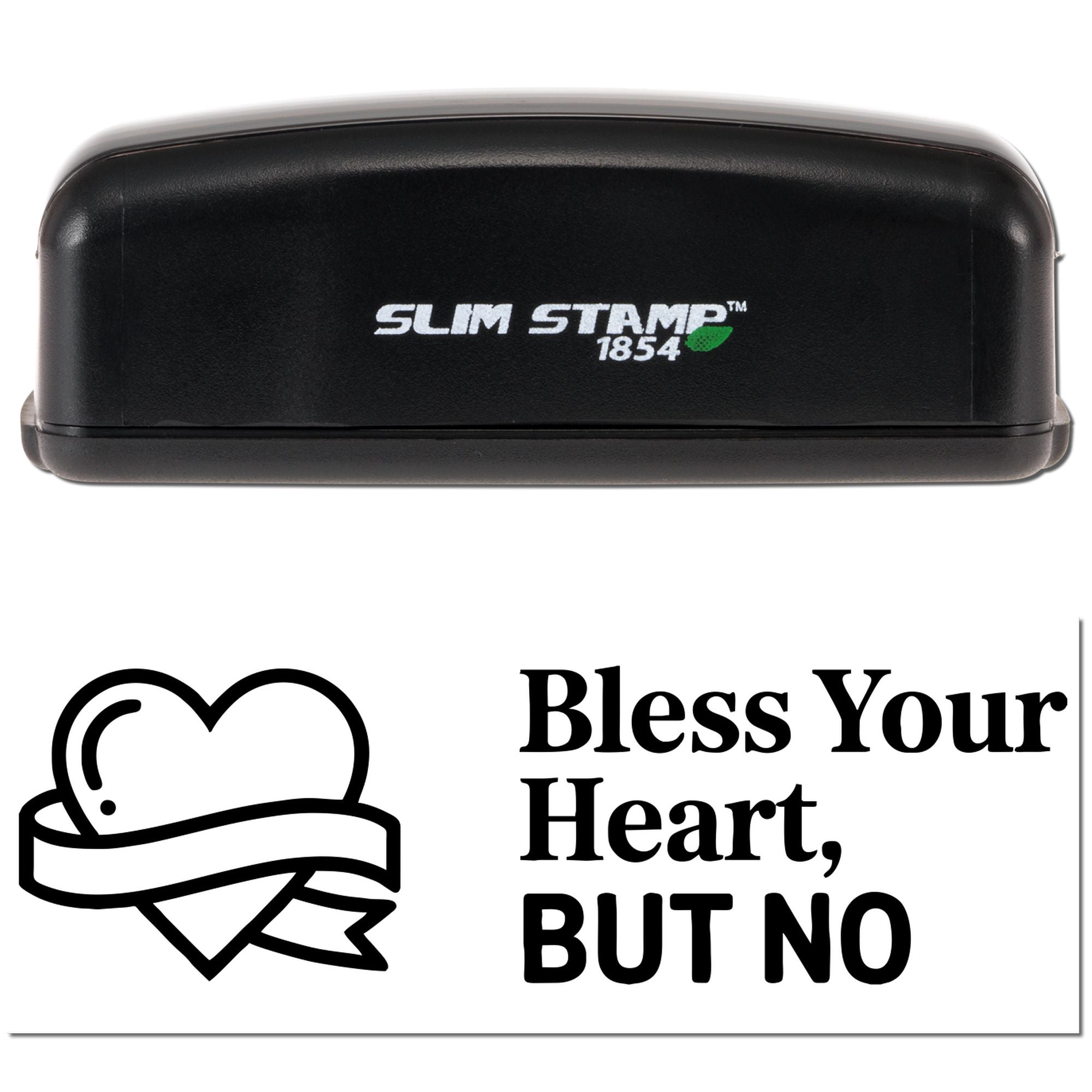 Black Slim Stamp 1854 stamp and seal set with heart ribbon seal and Bless Your Heart, BUT NO text on white background.