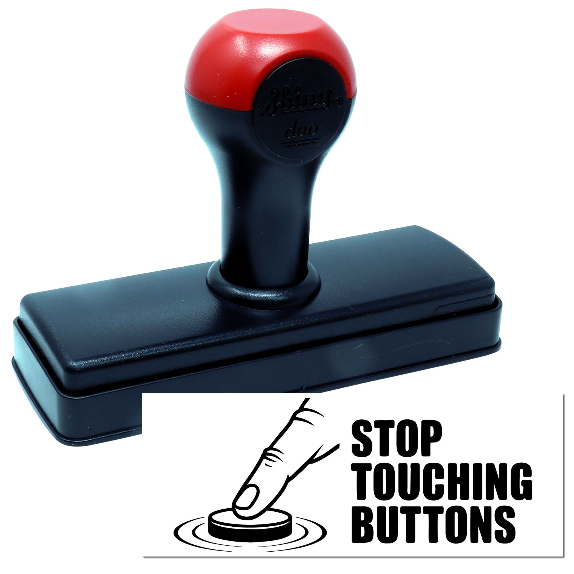 Red-and-black self-inking stamp with STOP TOUCHING BUTTONS seal graphic for no-touch signage.