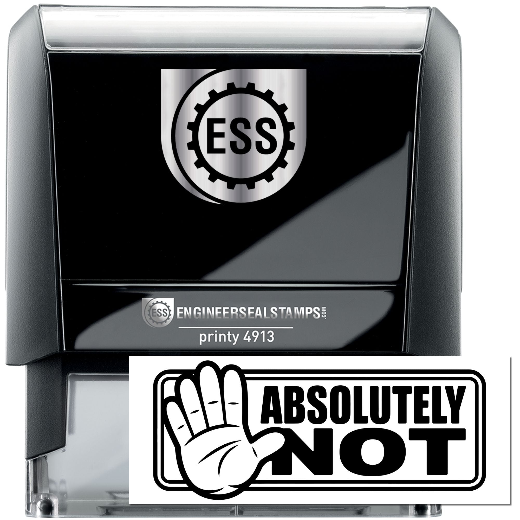 Black and silver self-inking stamp and seal products with ESS logo, gear emblem, and bold white ABSOLUTELY NOT design.