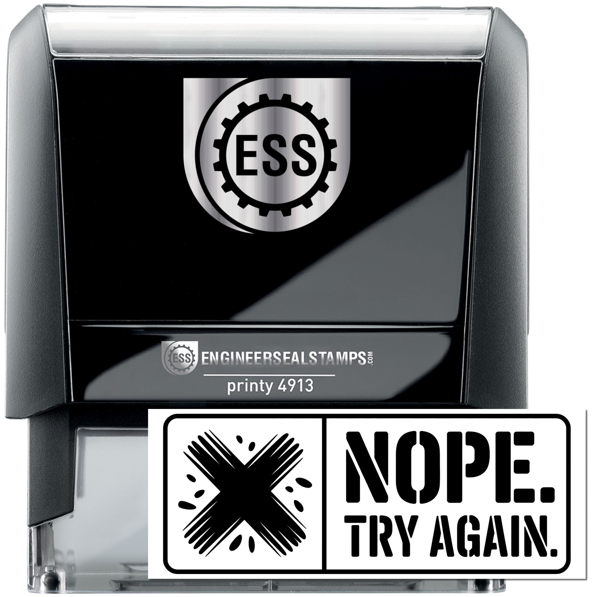 Black and silver Engineer Seal Stamps self-inking stamp and seal with ESS logo and Nope, Try Again imprint.