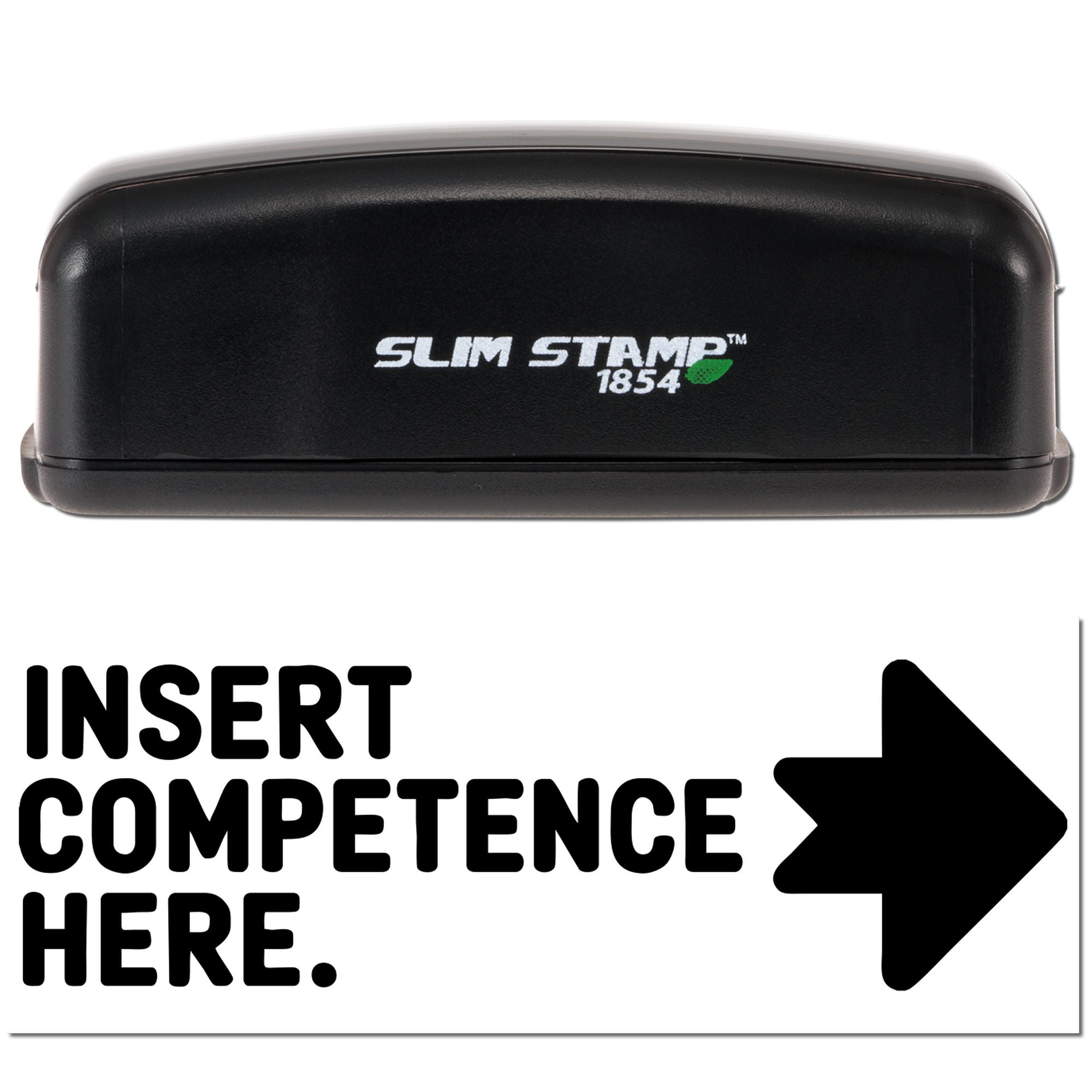 Black Slim Stamp 1854 stamp and seal insert with white logo, green leaf, and bold "Insert Competence Here" text with arrow.