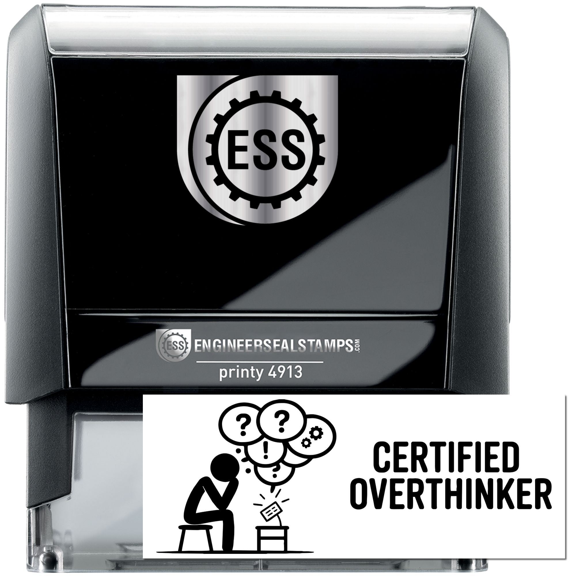 Black and silver ESS self-inking stamp and seal set with gear logo and Certified Overthinker imprint.
