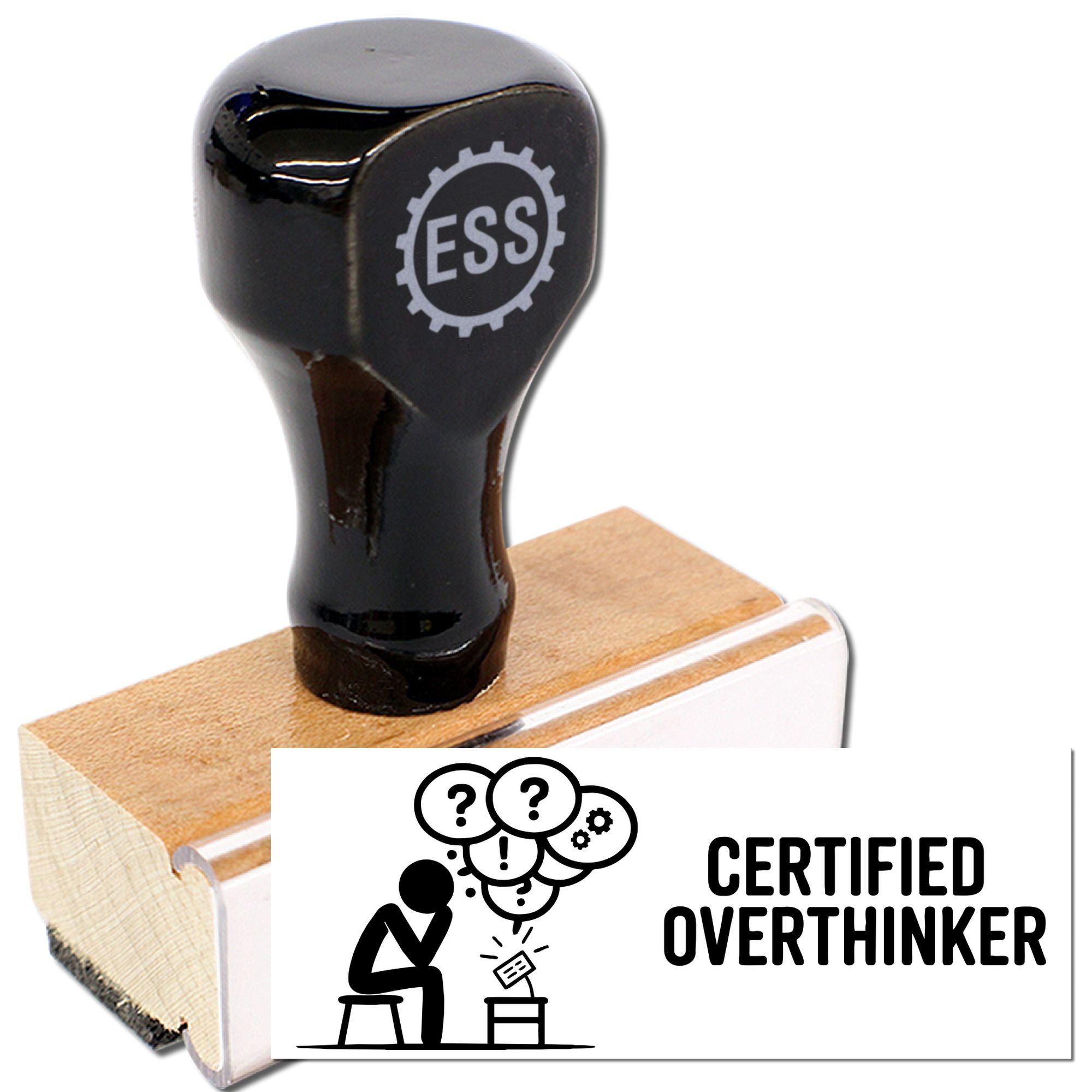 Black rubber stamp and wooden seal block with ESS logo, plus Certified Overthinker seal in black and white.