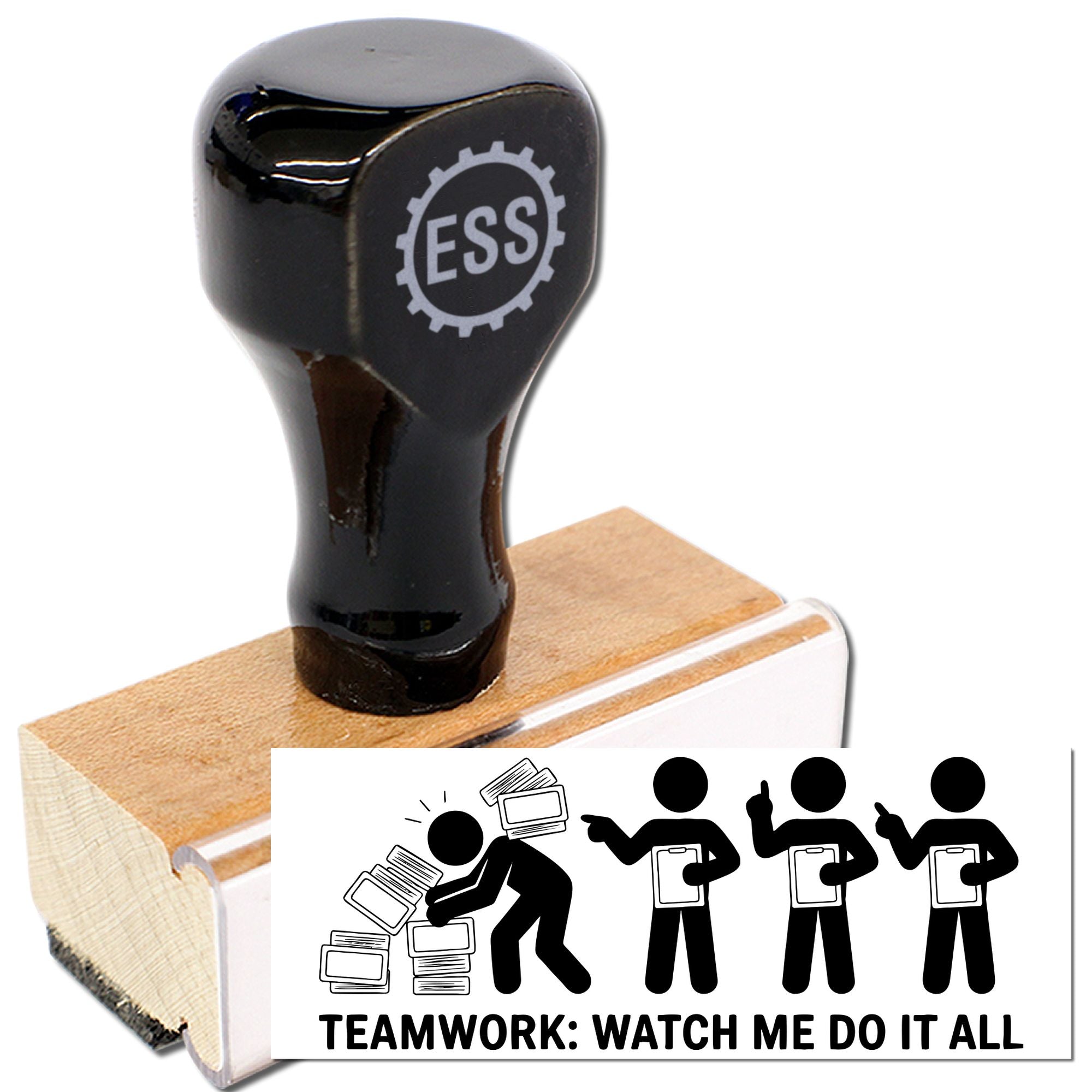 Black EES rubber stamp seal on wooden handle with teamwork slogan design sample impression