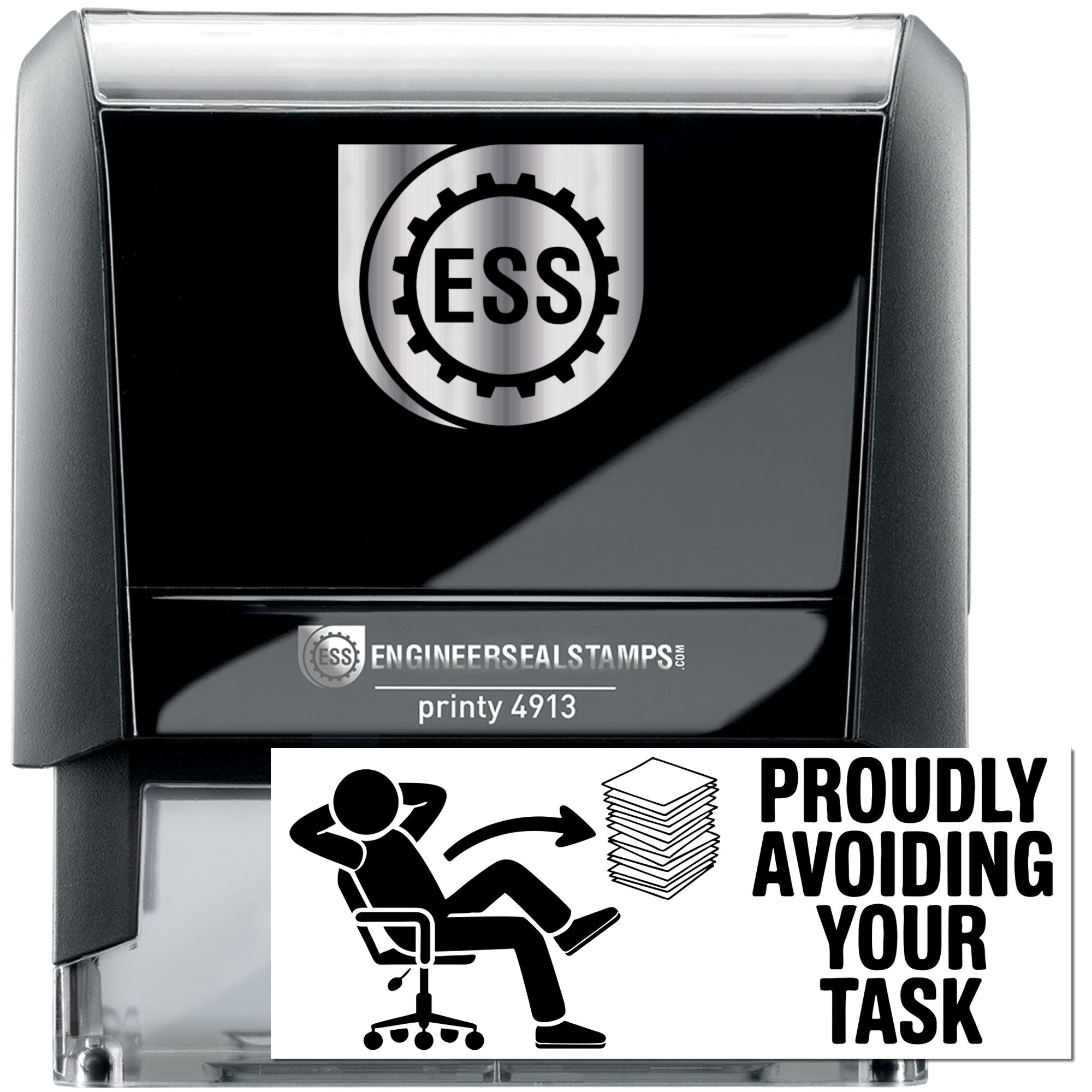 Black self-inking ESS stamp and seal with silver casing, featuring a Proudly Avoiding Your Task graphic.