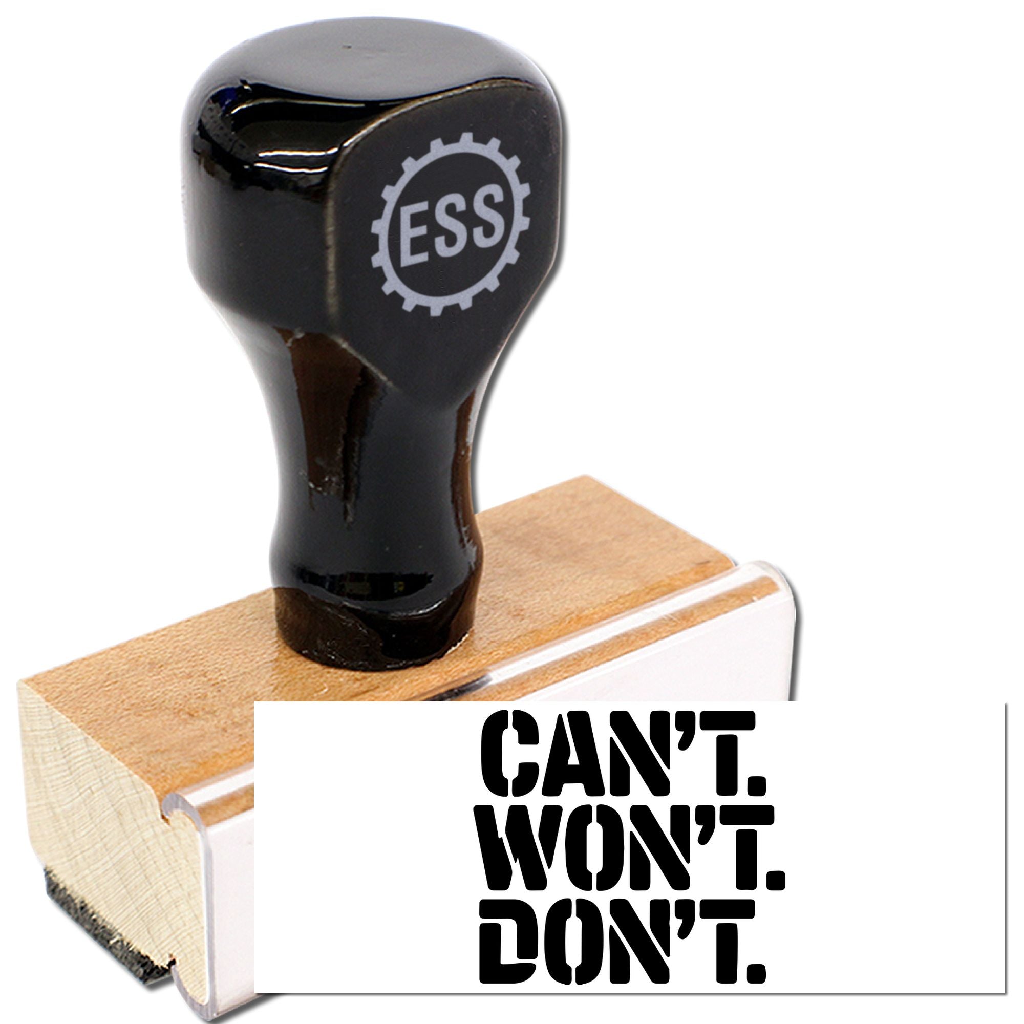 Black stamp-and-seal with wooden base, printing CANT. WONT. DONT. on white card
