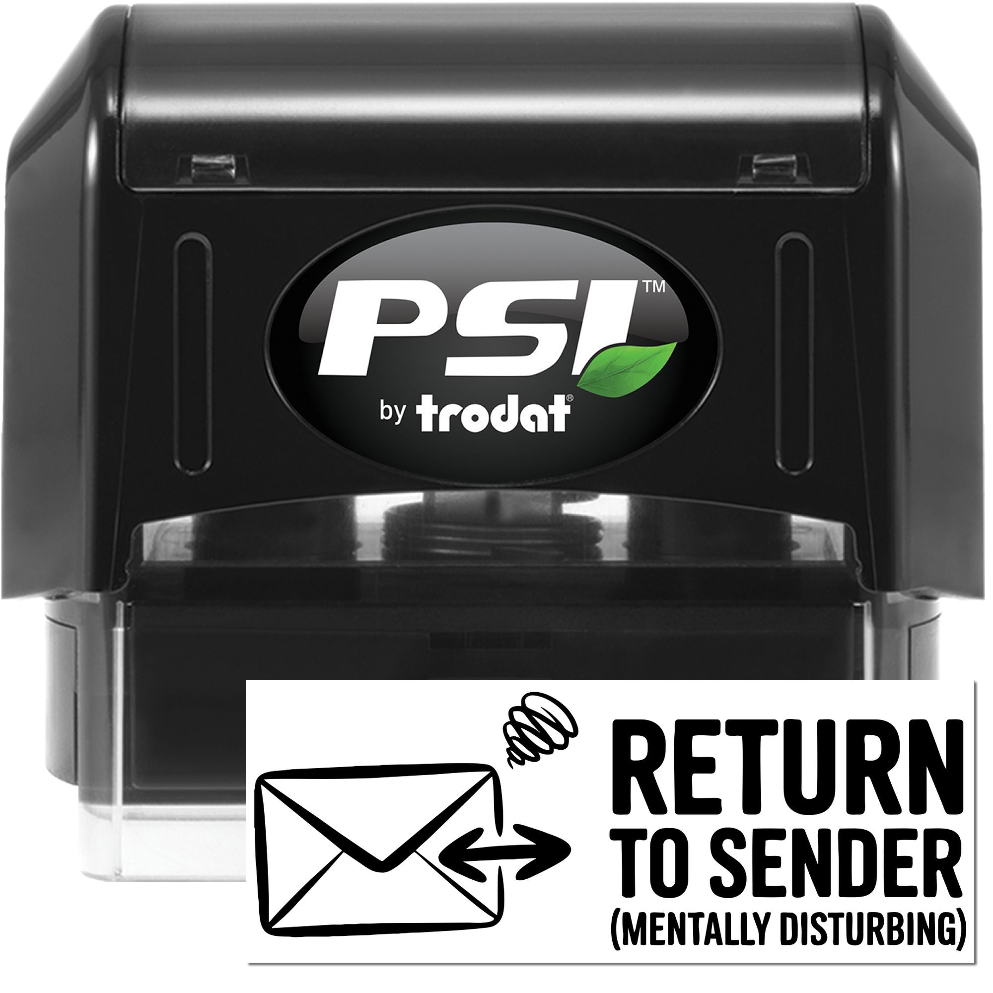 Black PSI by Trodat self-inking stamp and white Return to Sender seal, featuring envelope icon and bold text.