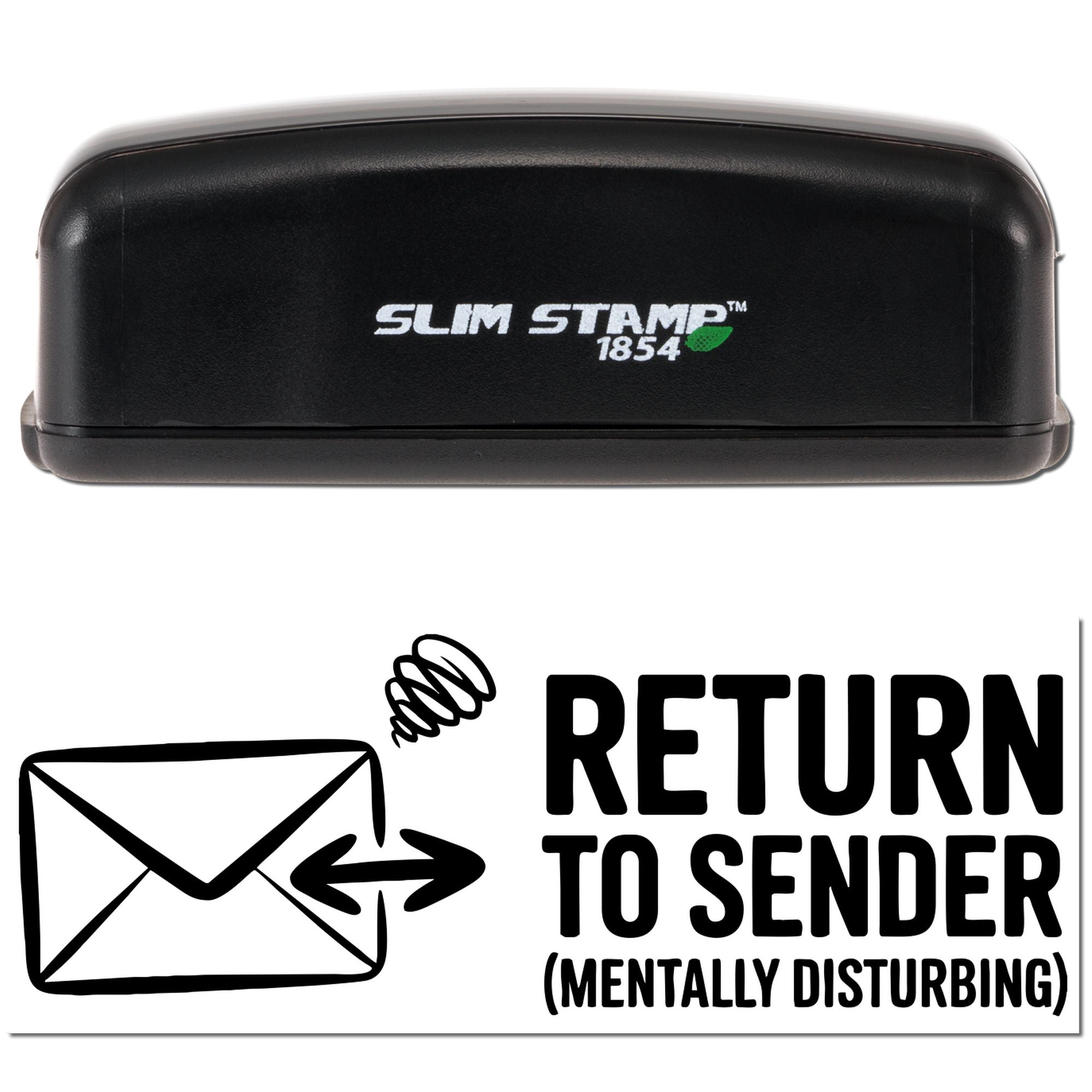 Black Slim Stamp 1854 stamp and return-to-sender seal with envelope icon on white background.