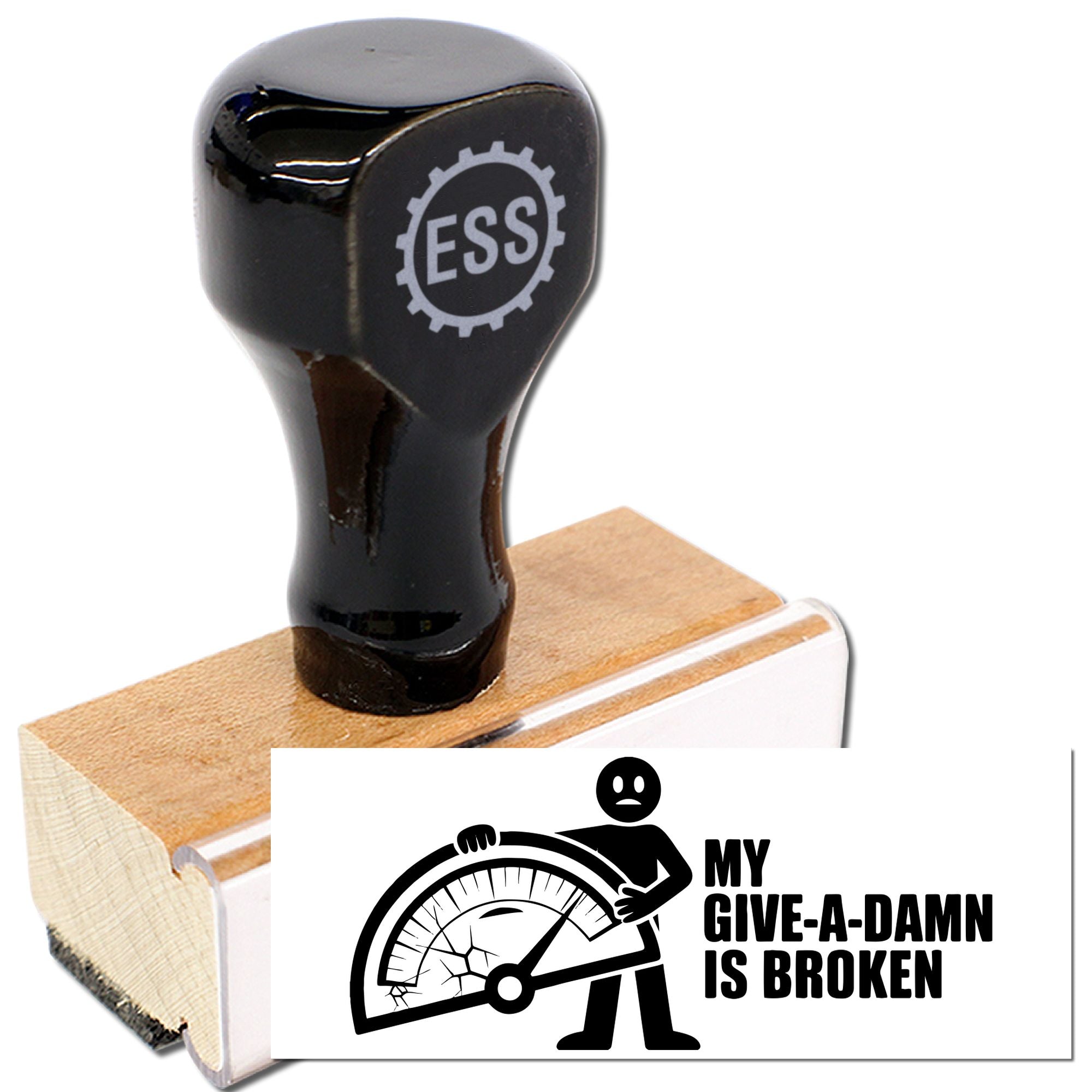 Black ESS self-inking stamp and seal on wooden base with cracked gauge graphic and bold white text.