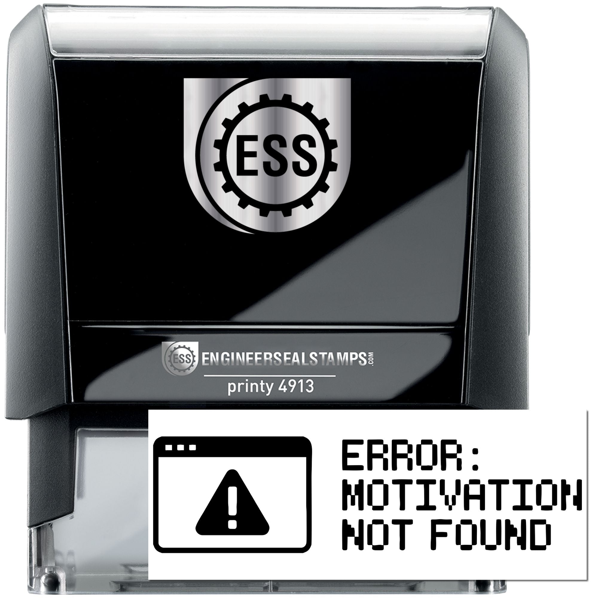 Black self-inking engineer seal stamp with silver ESS logo, clear cover, and Printy 4913 label