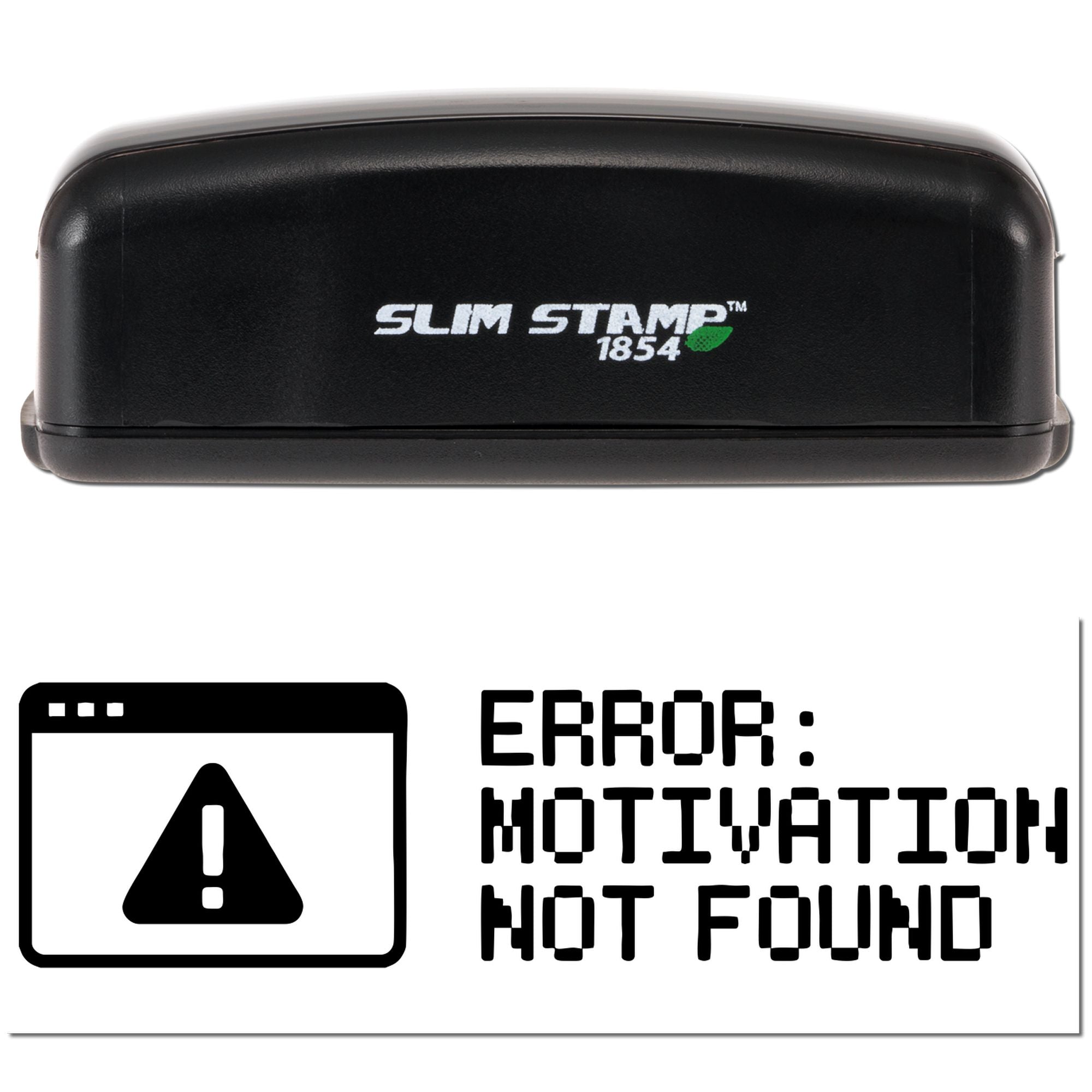 Black Slim Stamp 1854 self-inking stamp and seal with error notification not found icon on white background.
