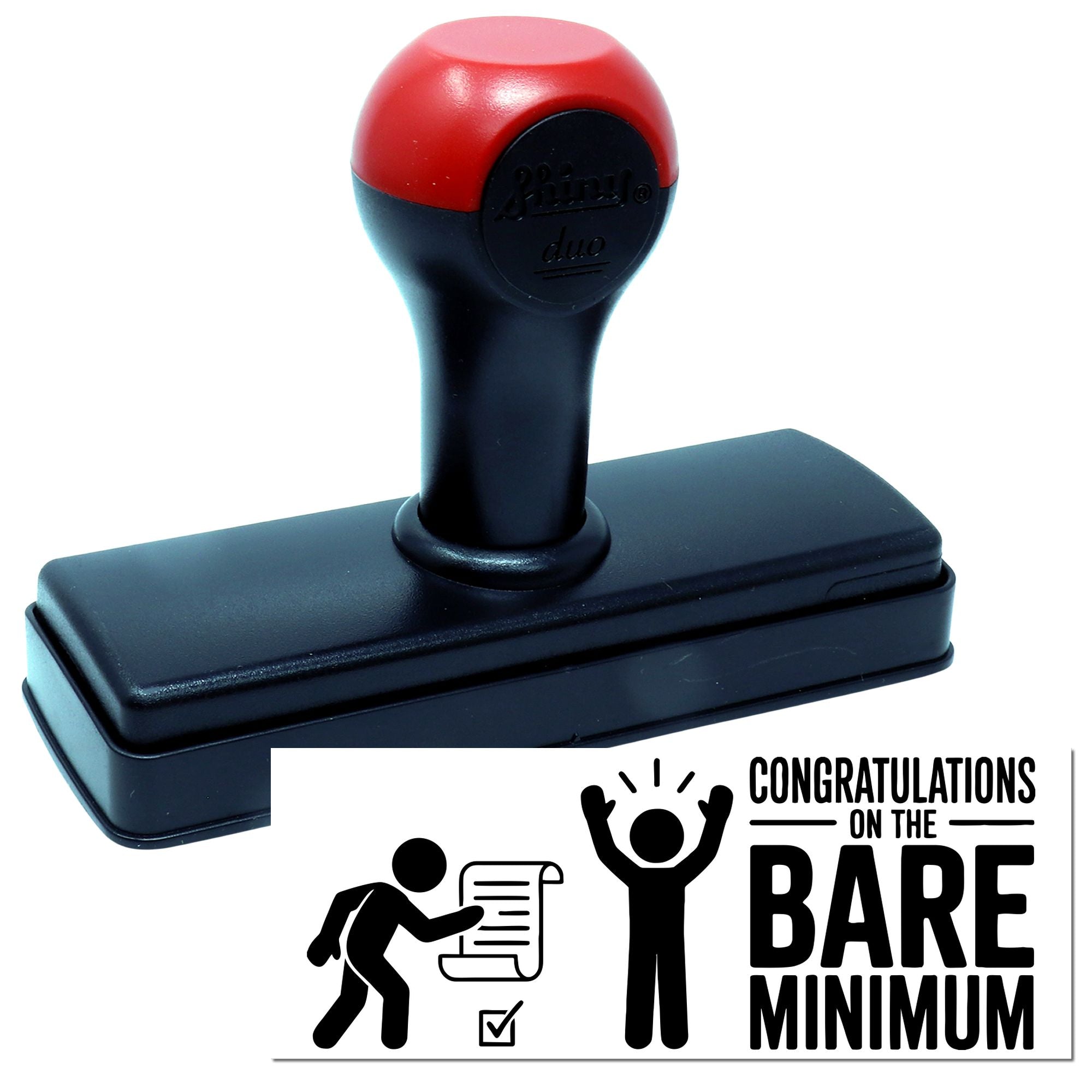 Red-and-black self-inking stamp with black base and Congratulations on the Bare Minimum seal graphic.