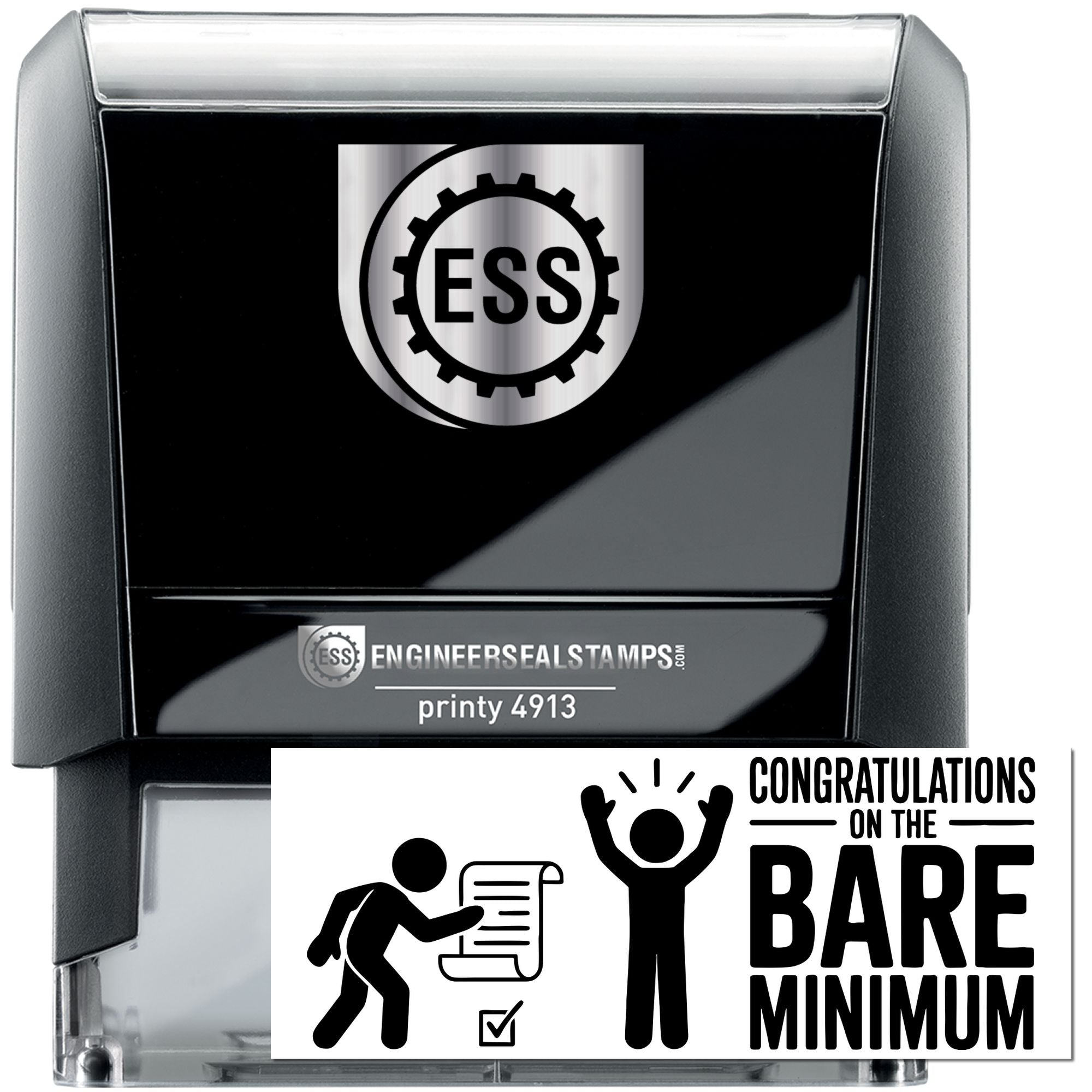 Black self-inking engineer seal stamp with silver top, ESS logo, and white congratulatory seal reading Bare Minimum.