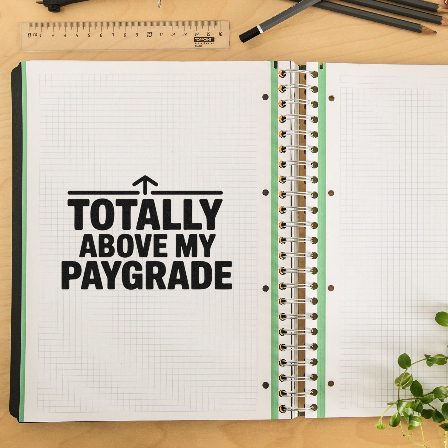 Black stamp seal on a white grid notebook reads TOTALLY ABOVE MY PAYGRADE, with green binding, ruler, pencils and plant.