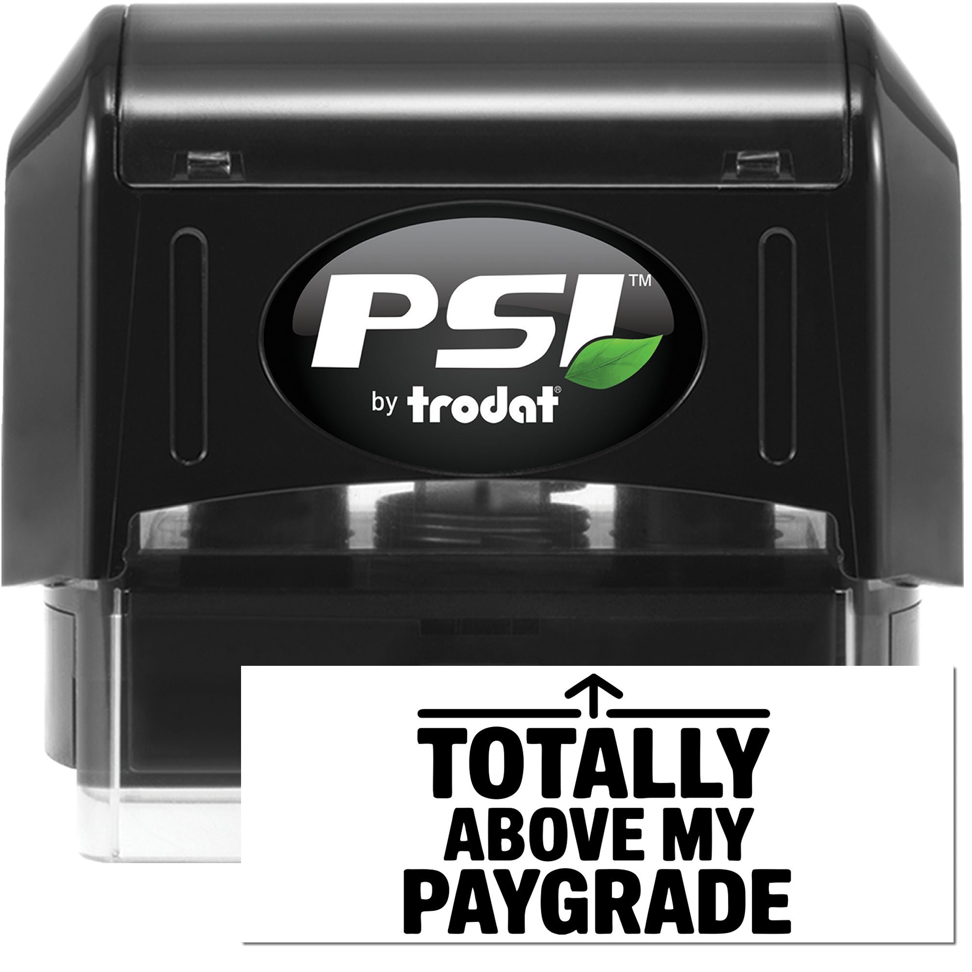 Black PSI by Trodat self-inking stamp and seal with clear base and bold black logo on white background.