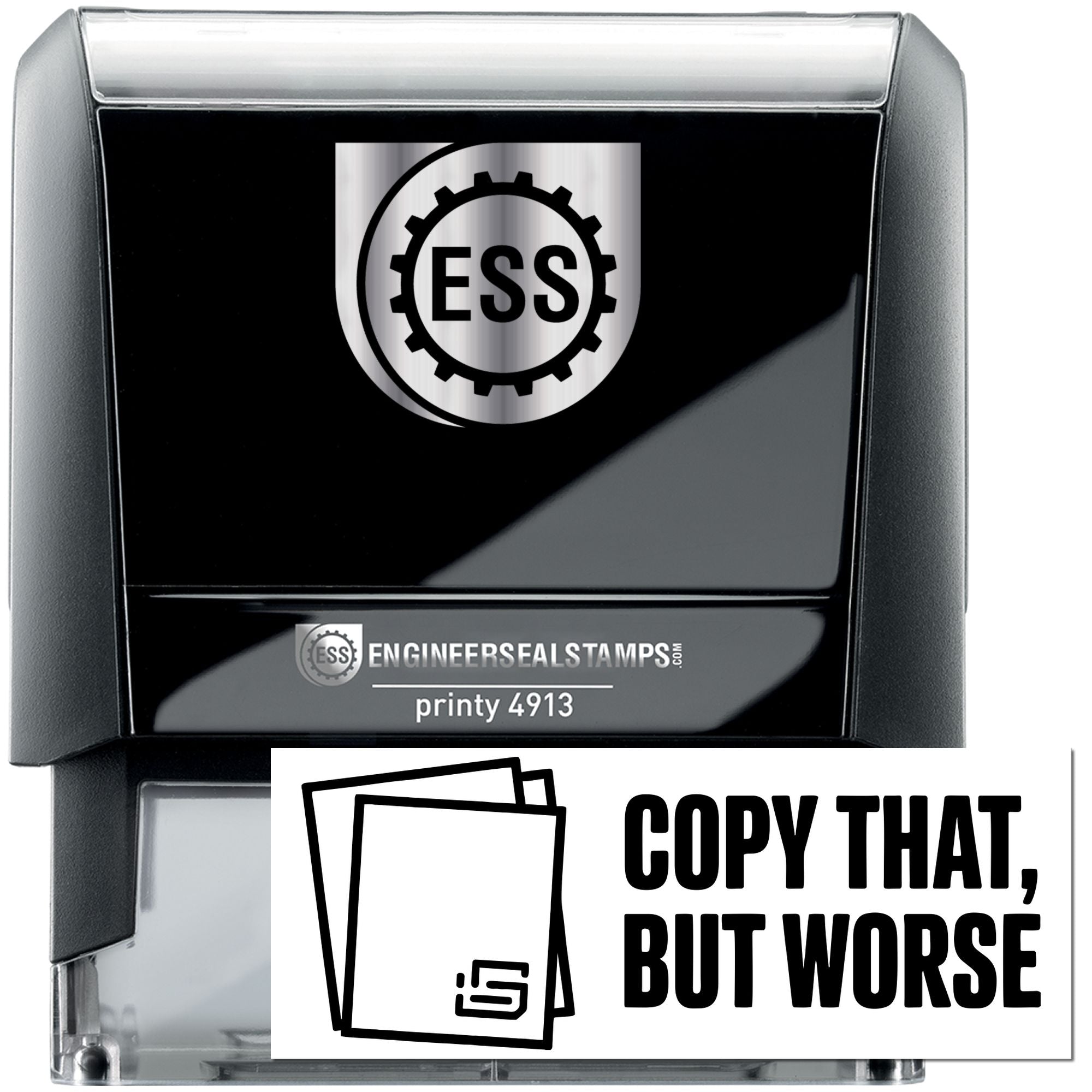 Black self-inking engineer seal stamp with silver top, ESS gear logo, and Printy 4913 branding.