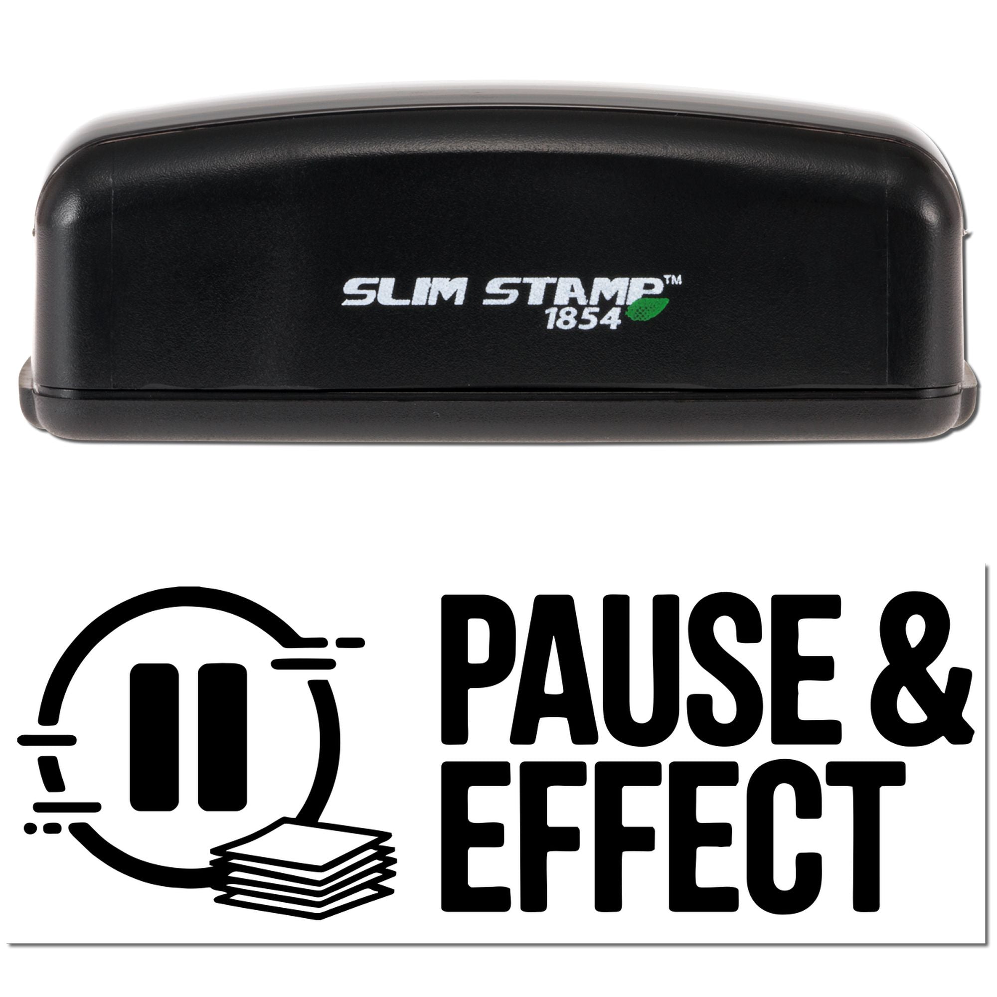 Black Slim Stamp 1854 self-inking stamp and seal with pause-and-effect logo on white background.
