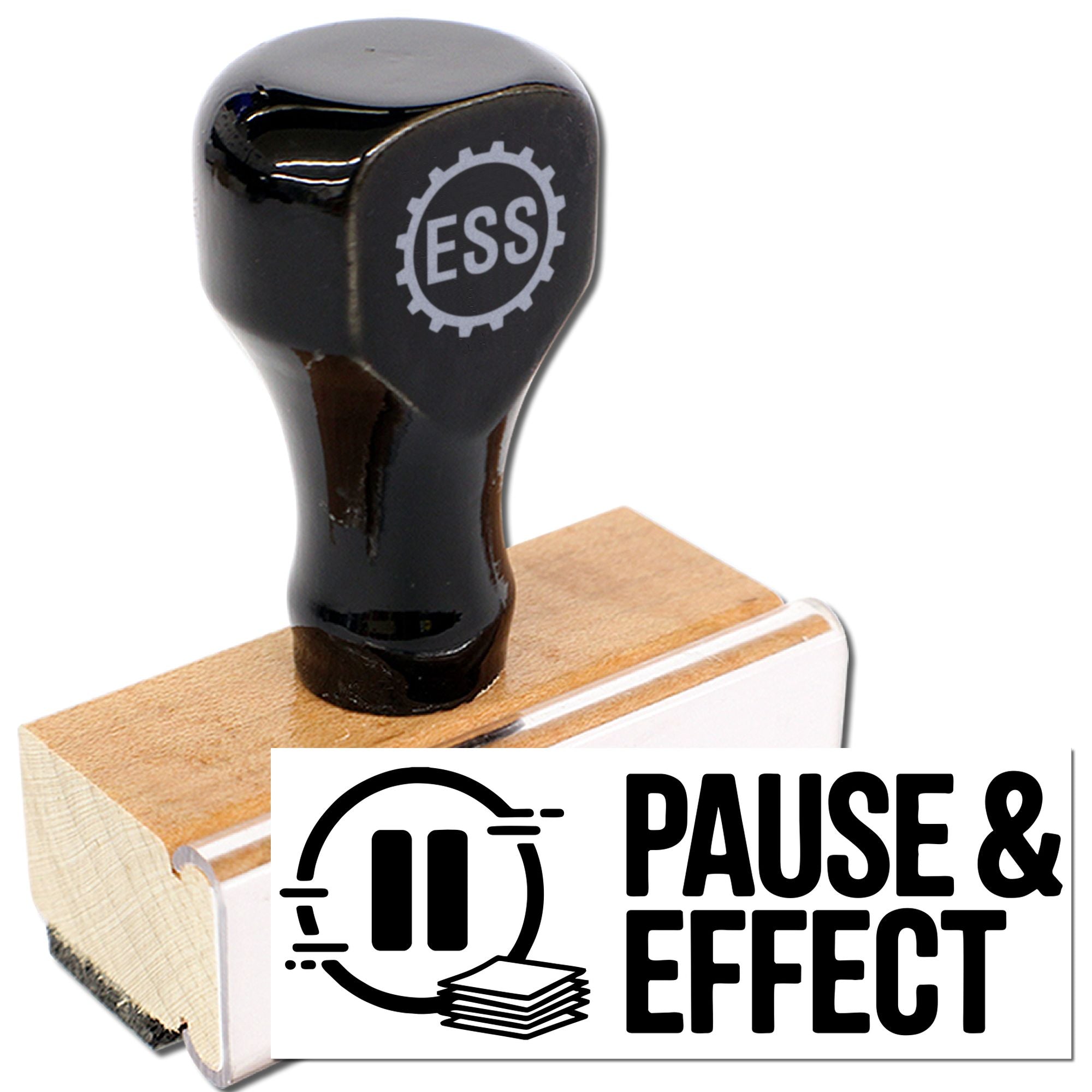 Black self-inking stamp and wooden seal tool with ESS logo, beside Pause & Effect text on a white background.