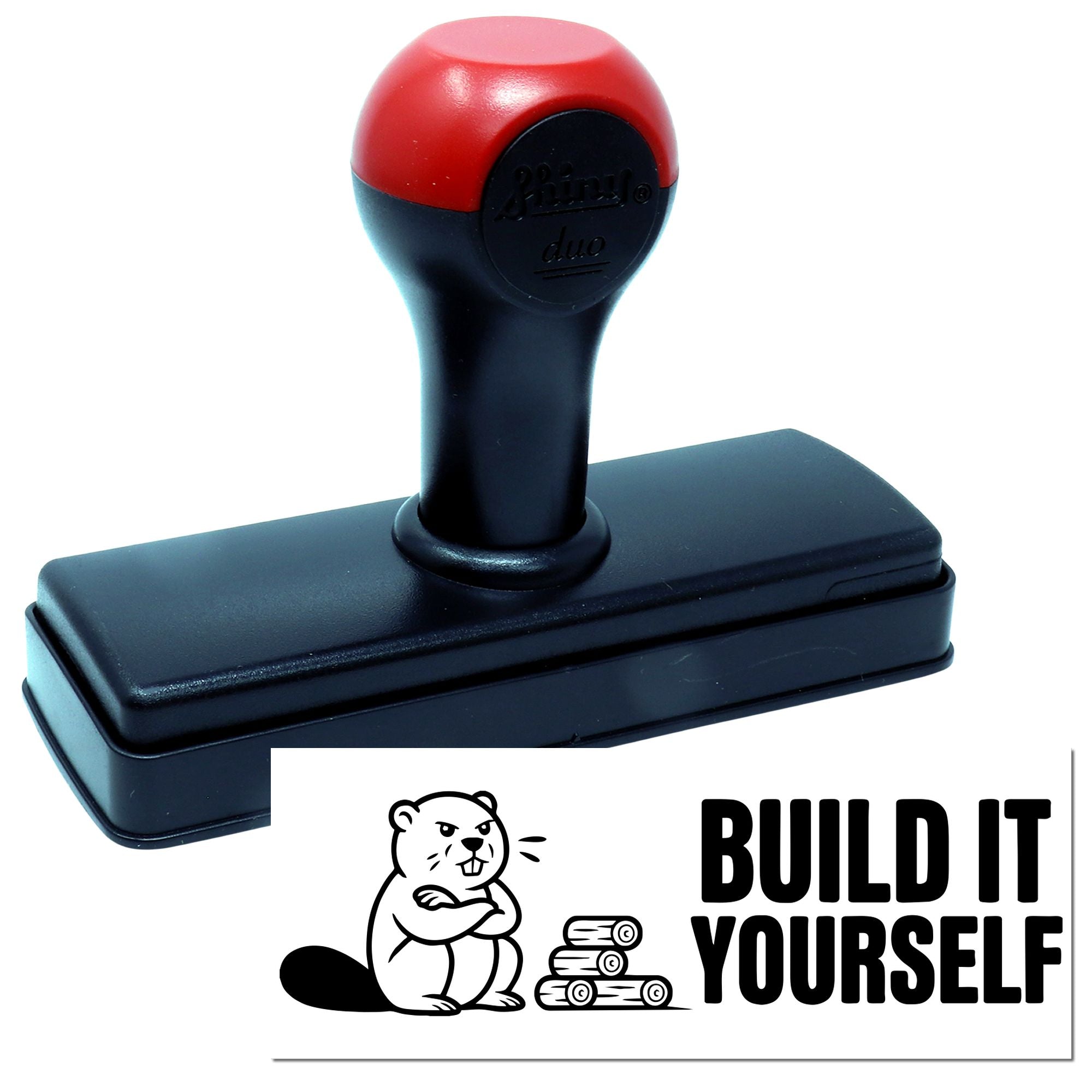 Red and black self-inking stamp and seal with beaver logo and bold BUILD IT YOURSELF text on white.