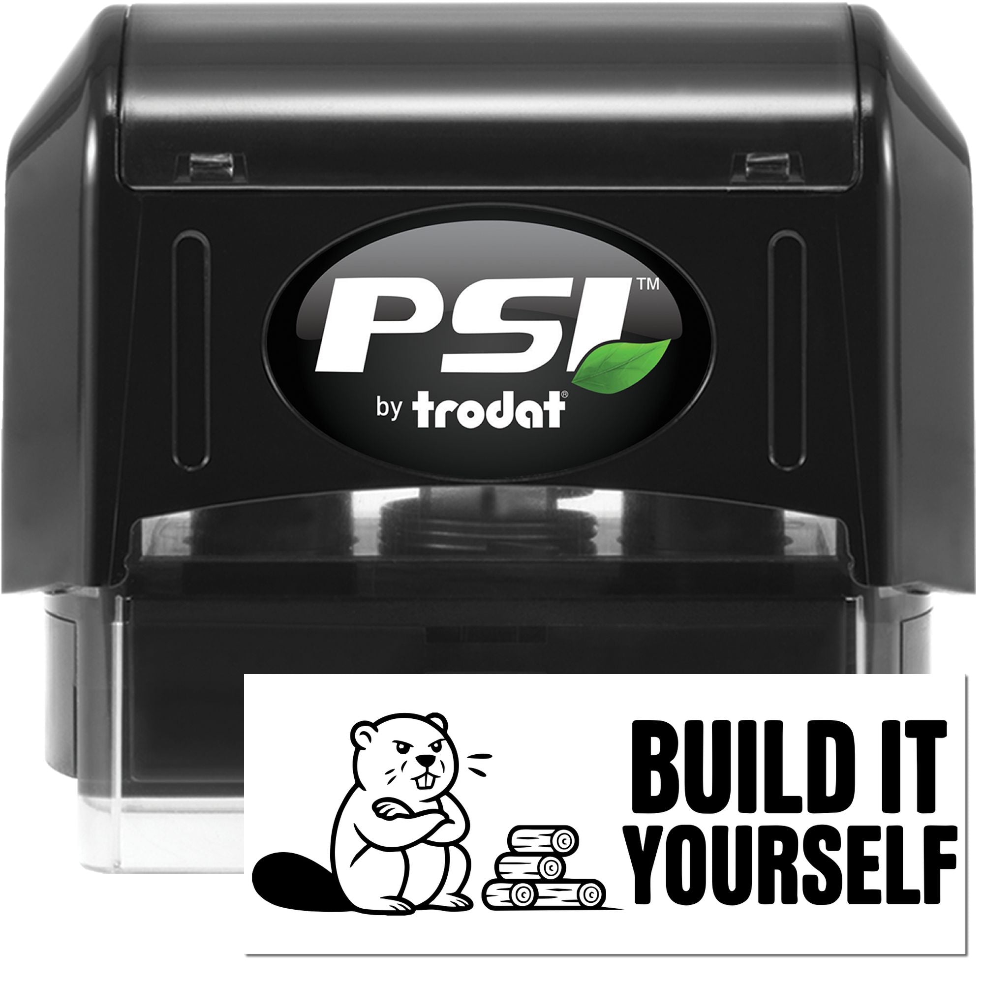 Black PSI by Trodat self-inking stamp and seal, with green leaf logo and Build It Yourself text card