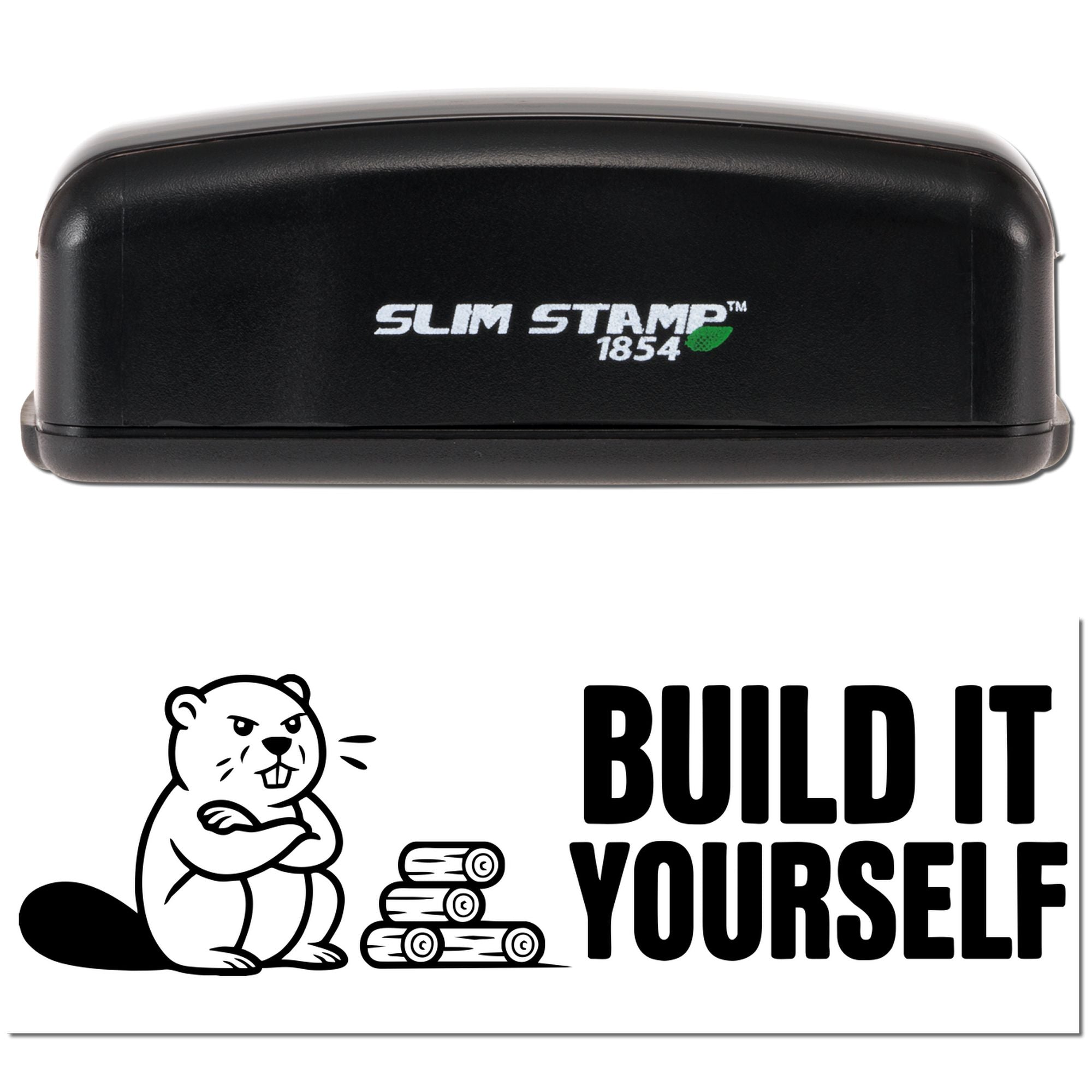 Black Slim Stamp 1854 handheld stamp and seal with white logo, beaver graphic, and bold Build It Yourself text.