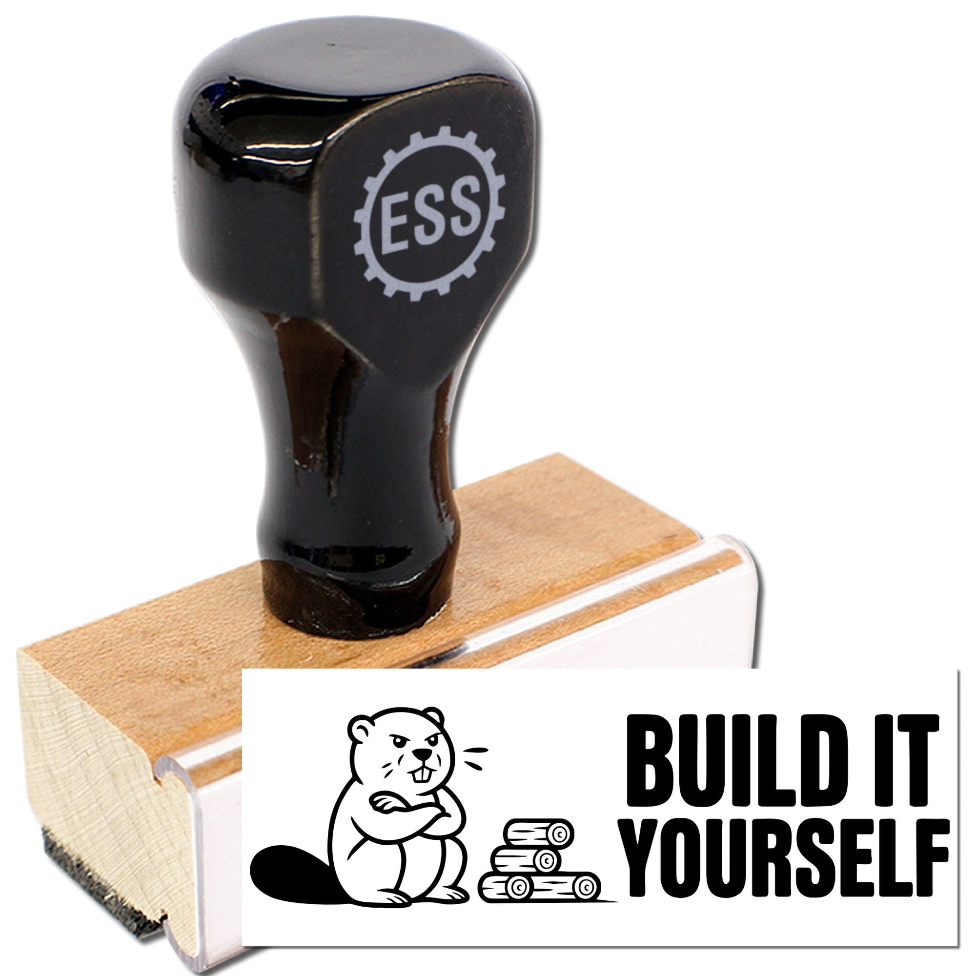 Black self-inking stamp and seal with ESS logo, black body, wooden base, and white Build It Yourself branding card.