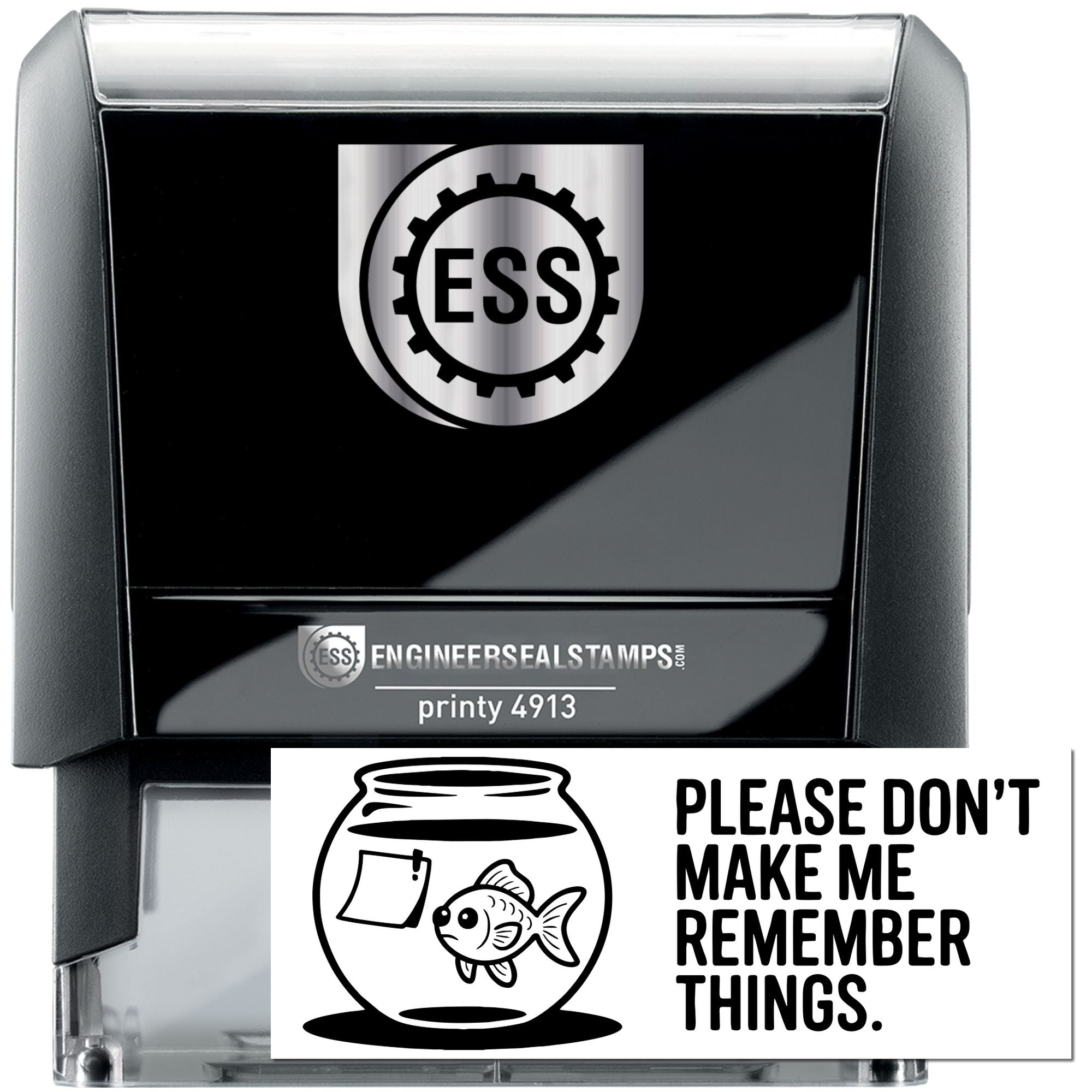 Black self-inking engineer seal stamp with silver casing, ESS logo, and fishbowl reminder text on white insert.