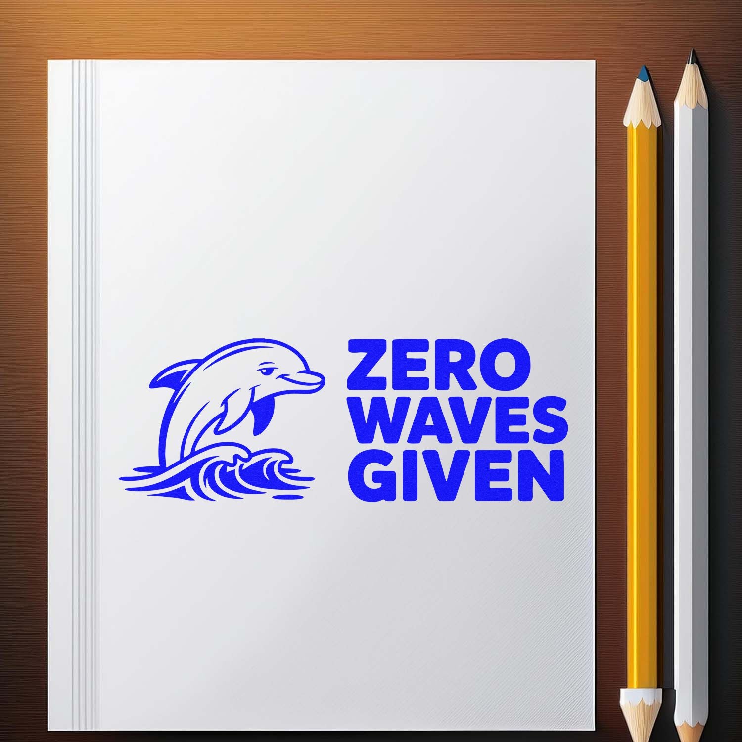 Blue dolphin stamp seal with ZERO WAVES GIVEN on a white notebook, beside yellow and white pencils on a brown desk.