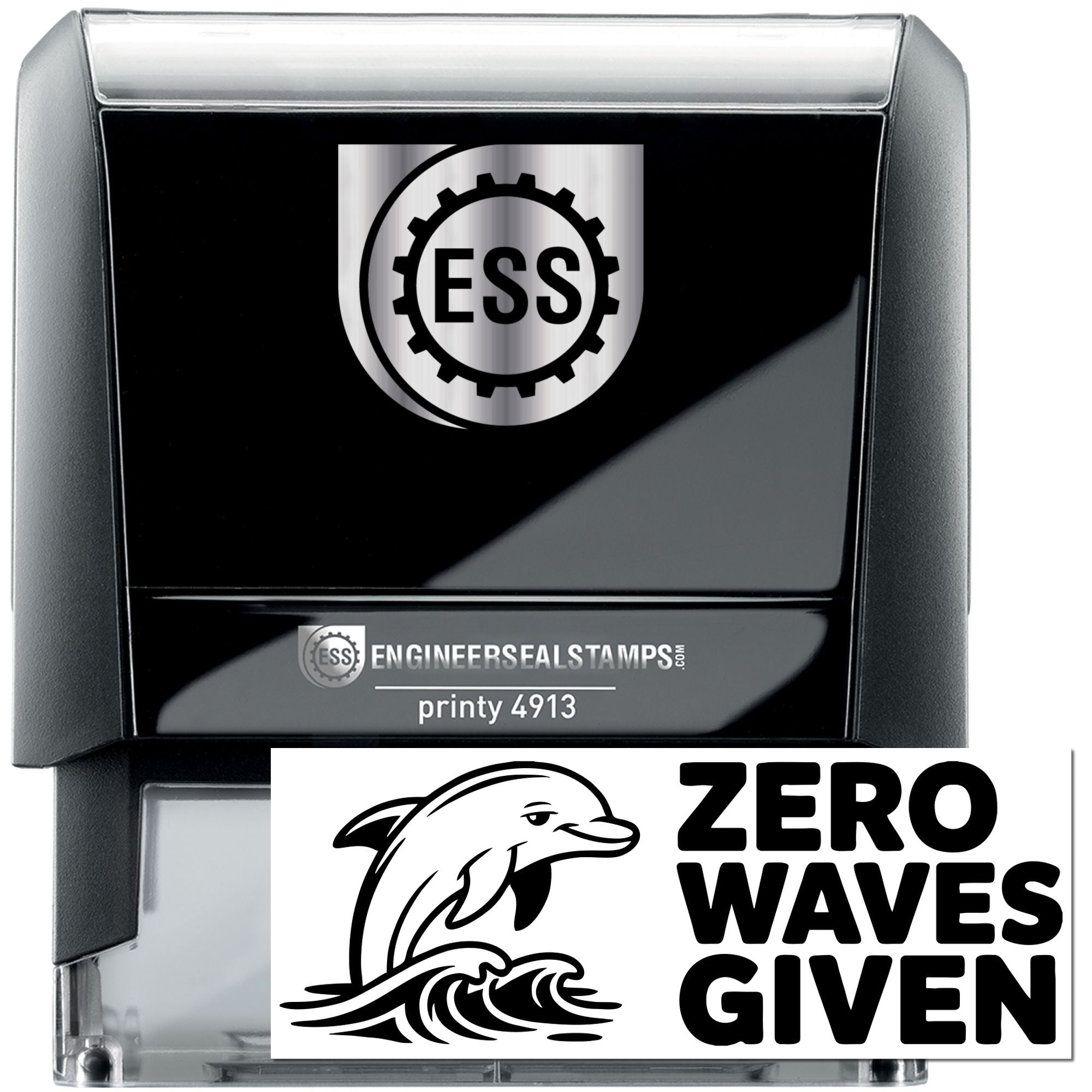 Black self-inking engineer seal stamp with ESS logo and Zero Waves Given dolphin design, in black, silver, and clear plastic case.