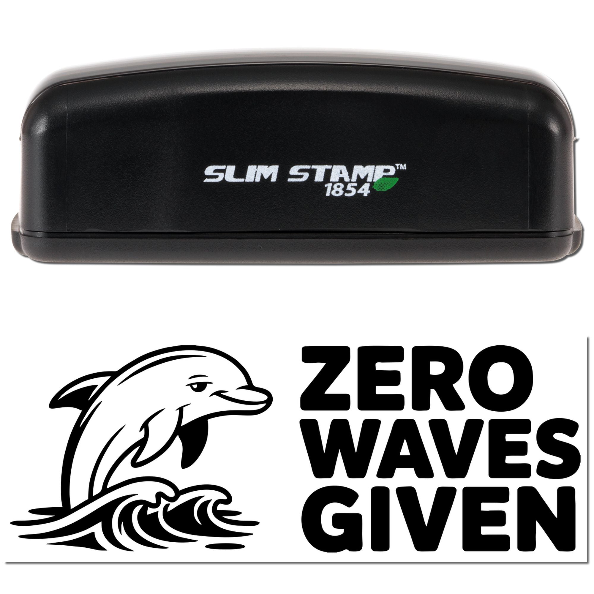 Black Slim Stamp 1854 self-inking stamp with green leaf logo above a Zero Waves Given dolphin seal design.