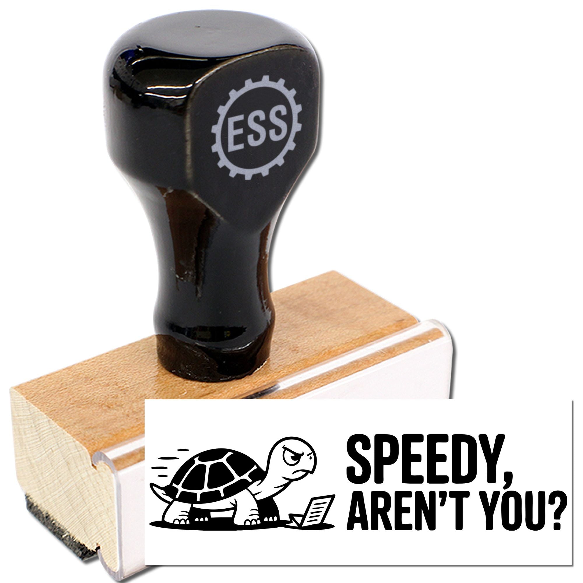 Black ESS rubber stamp and seal on a wooden base, featuring a turtle graphic and Speedy, arent you? text.