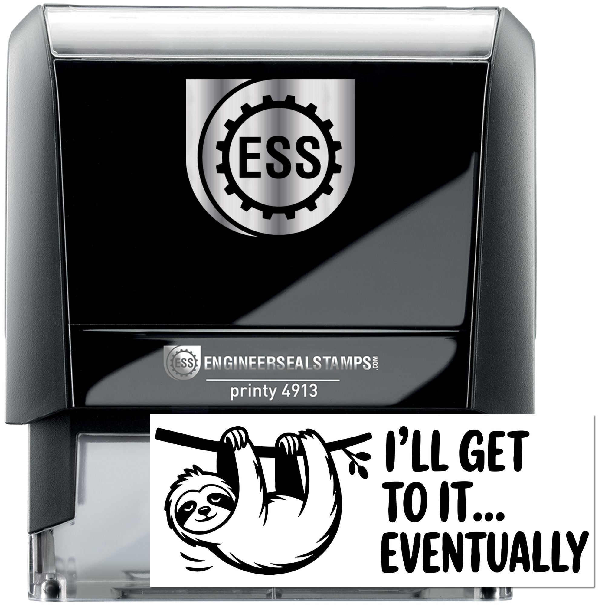 Black self-inking engineer seal stamp with silver ESS logo and sloth-themed slogan stamp, black, white, and gray.