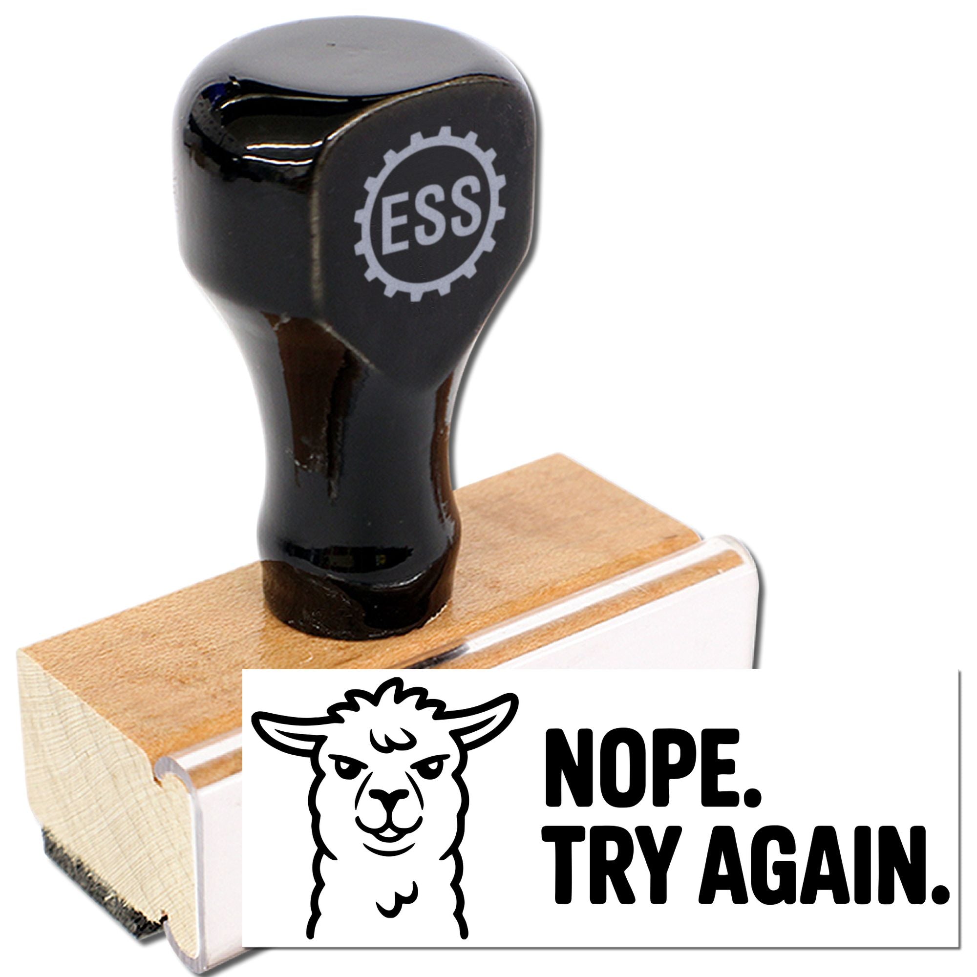 Black ESS self-inking stamp on wooden block with white card reading NOPE. TRY AGAIN. and llama seal graphic.