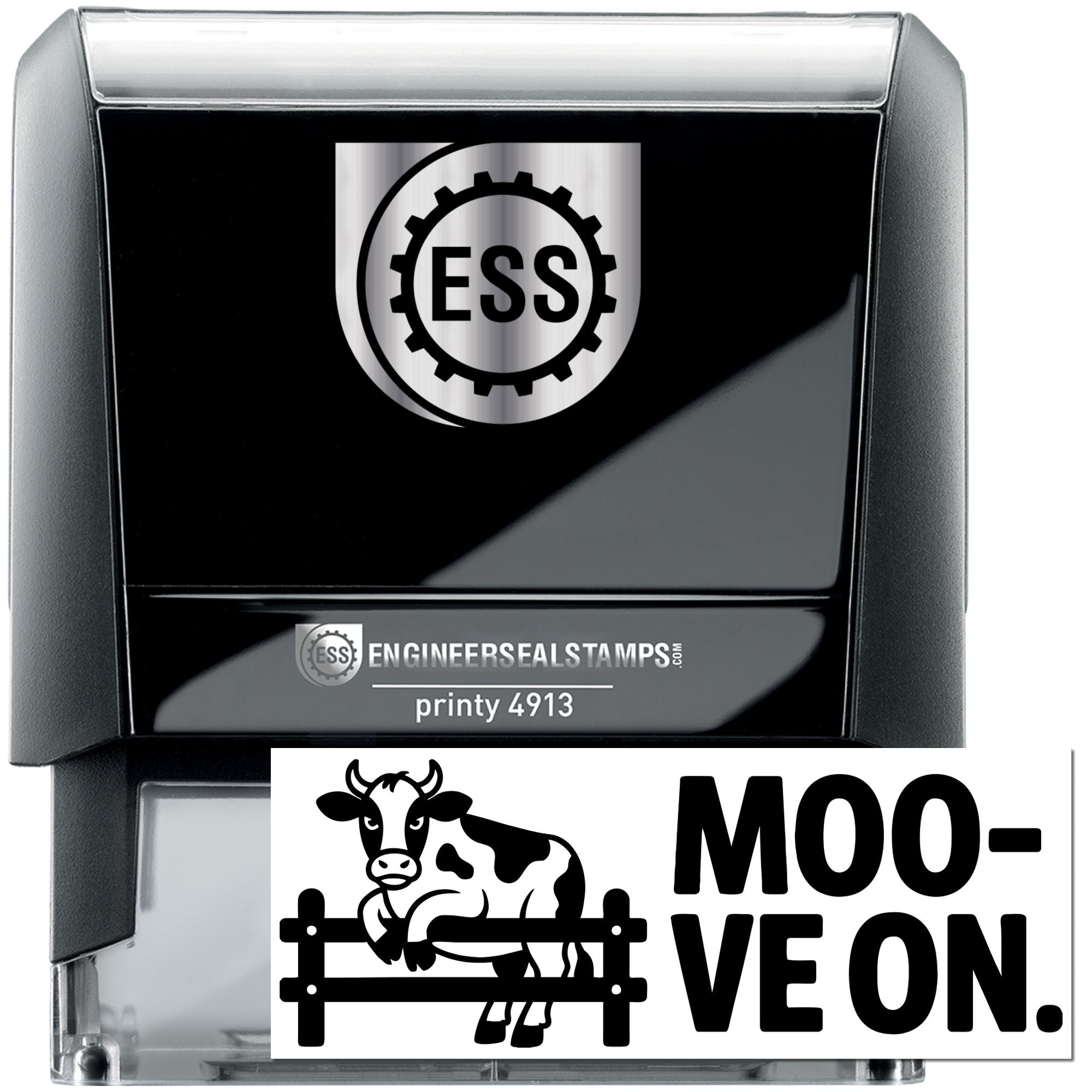 Black self-inking stamp and seal with silver ESS logo and cow MOO-VE ON design