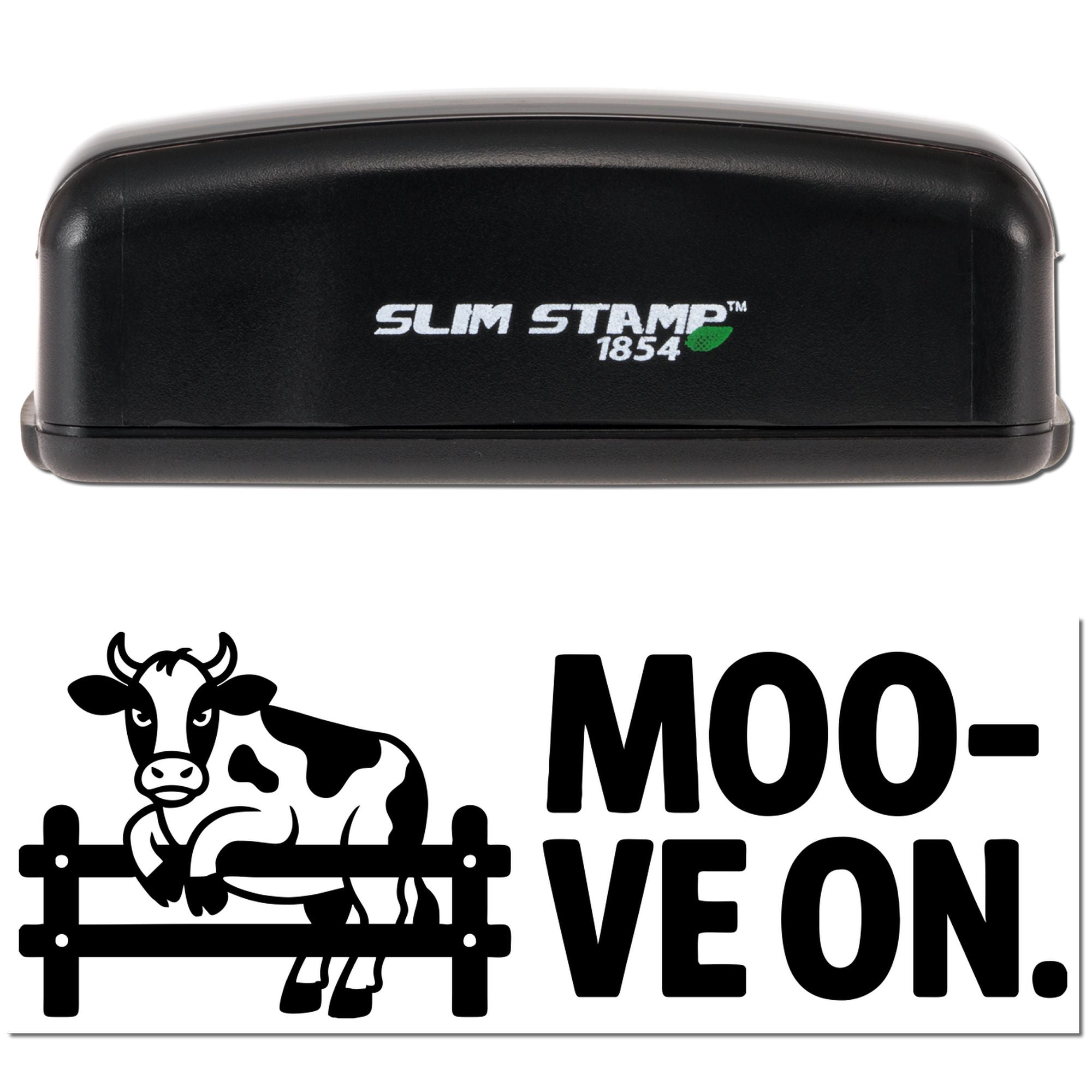Black Slim Stamp 1854 case above a cow-themed MOO-VE ON stamp and seal design on a white background.