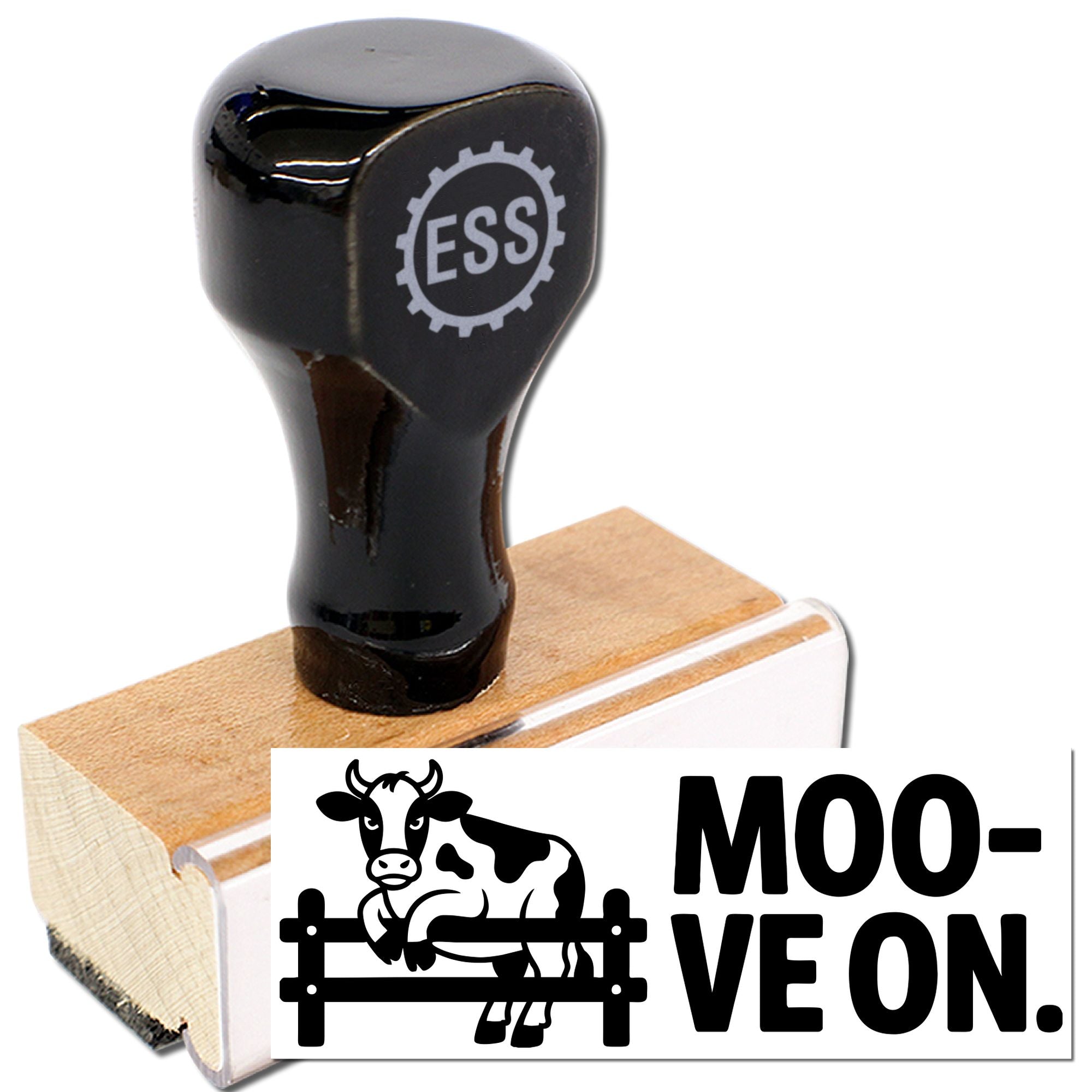 Black rubber stamp with wooden handle and cow-themed seal, featuring bold MOO-VE ON text.