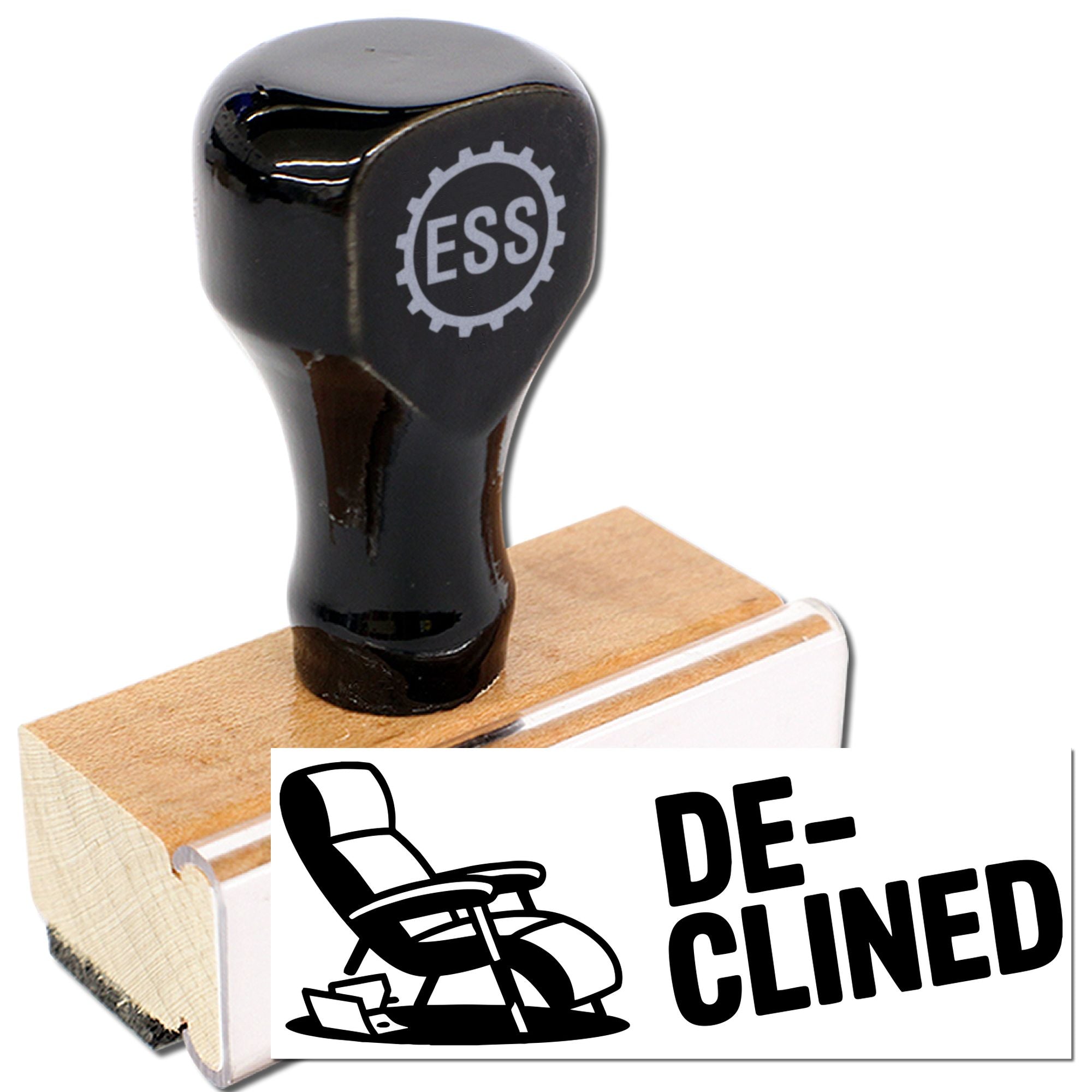Black ESS rubber stamp and seal on wood block with white DE-CLINED imprint and chair icon