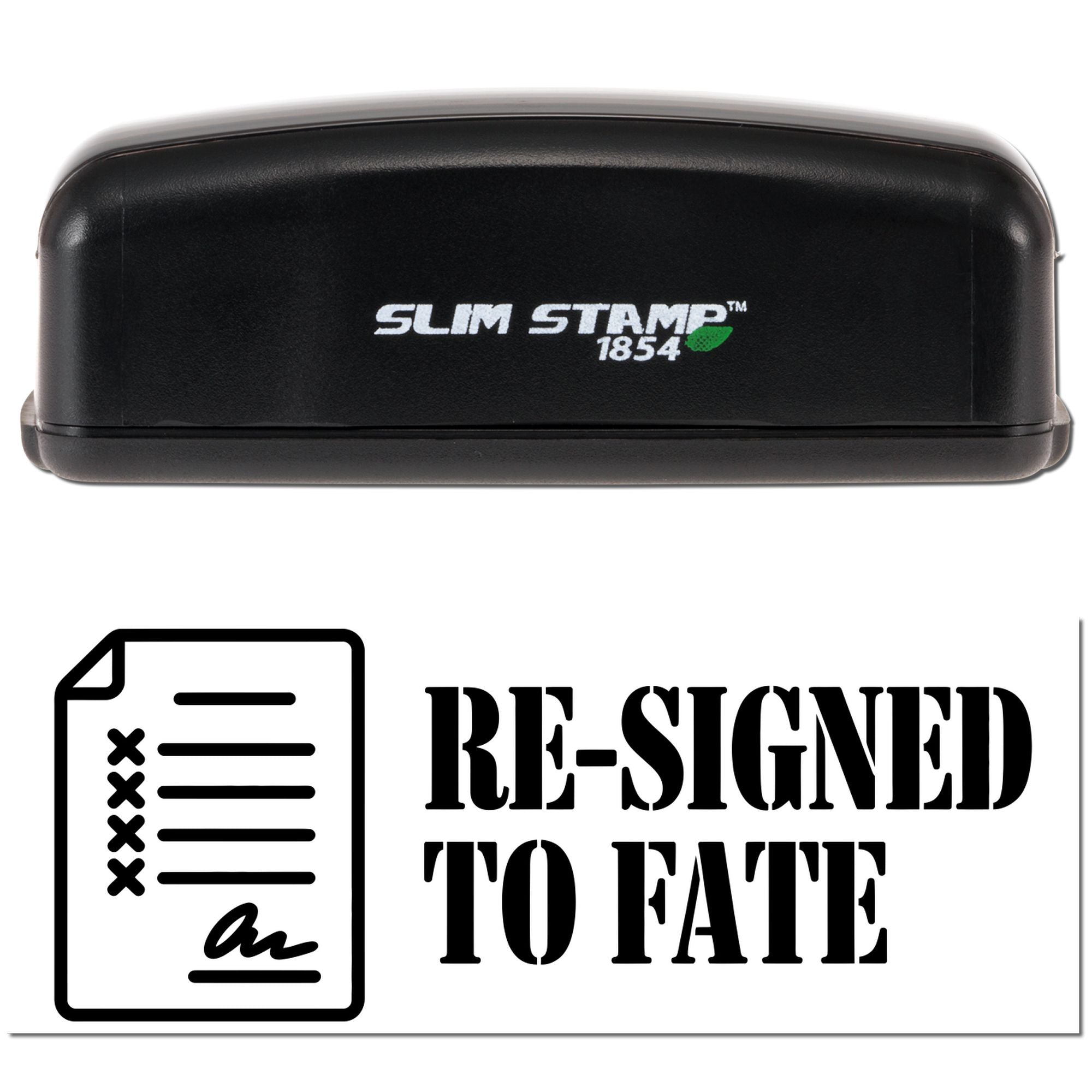Black Slim Stamp 1854 stamp and seal device with white logo and green leaf, plus Re-Signed to Fate document graphic.