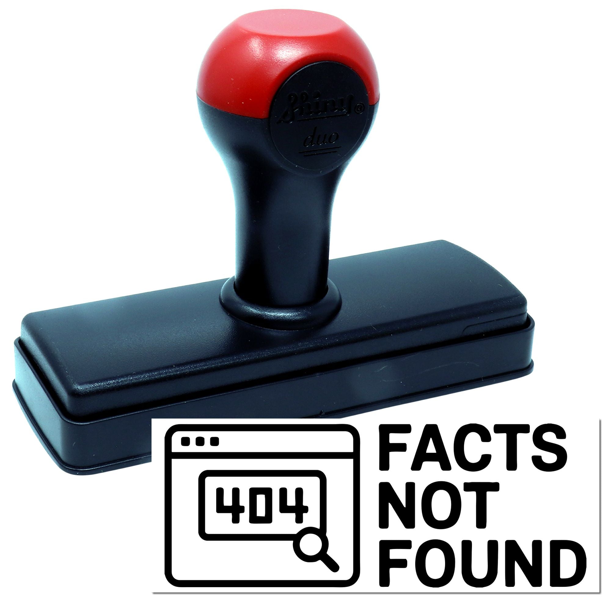 Red and black self-inking stamp and seal with rectangular base, showing a Facts Not Found design.