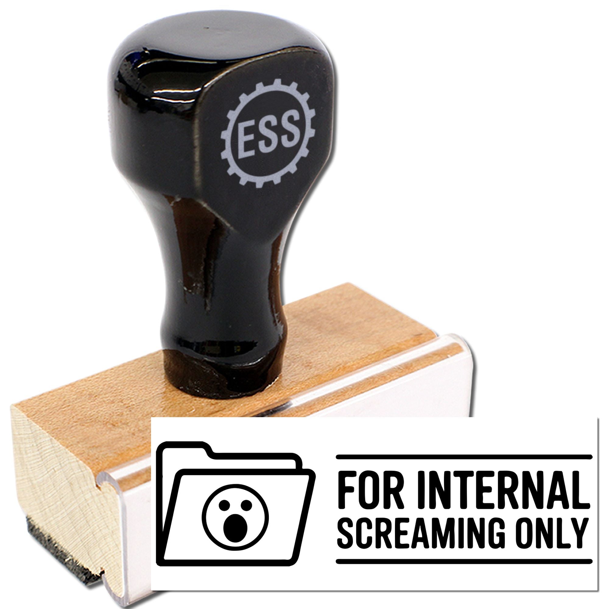 Black rubber stamp with ESS logo, wooden base, and white seal reading For Internal Screaming Only with folder icon.