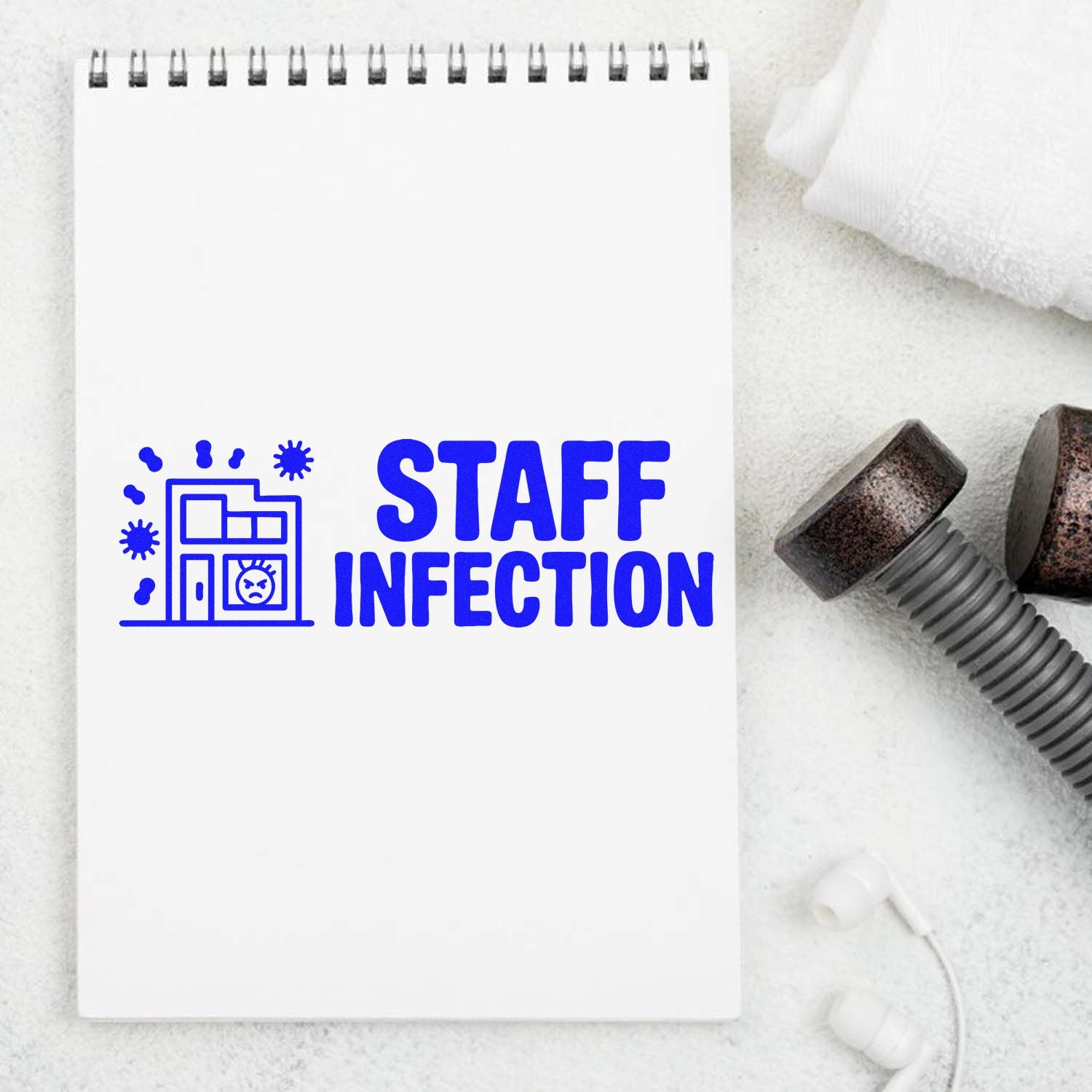 Blue STAFF INFECTION stamp design on white spiral notebook, with building and germ icons; seal stamp components nearby.