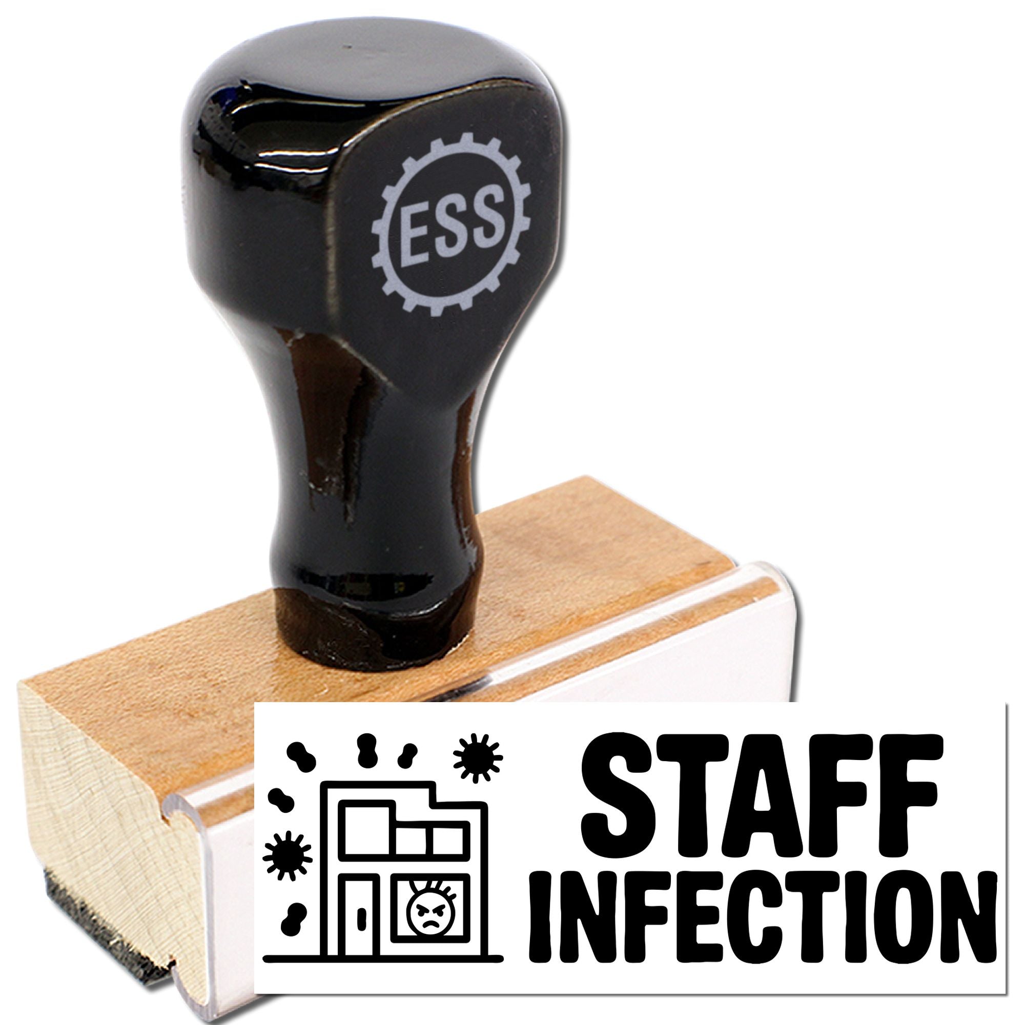 Black rubber stamp and wooden seal block with ESS logo and STAFF INFECTION design on white background.
